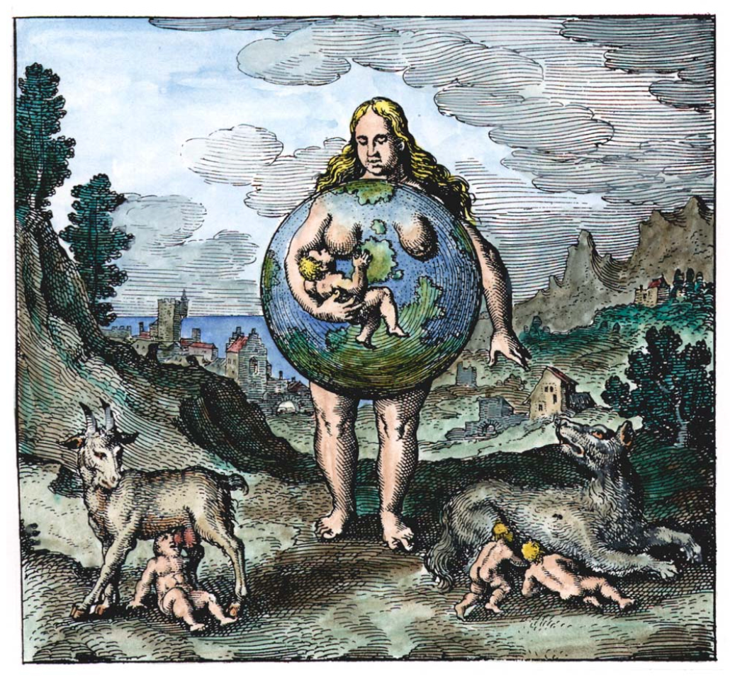 An illustration of Mother Earth with a woman with long golden hair holding a globe that depicts a naked child with a leaf covering parts of his body. The background shows a rural landscape with mountains, trees, and small houses. There are two wolves, each nursing puppies, on either side of Mother Earth.