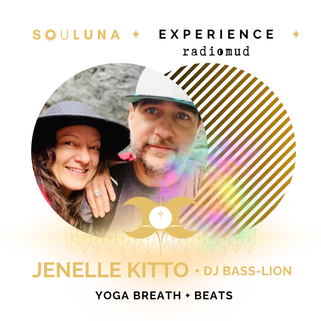 Event poster for Souluna Experience featuring Jenelle Kitto and DJ Bass-Lion, promoting yoga, breath, and beats, with a photo of a woman and a man, using a circular and striped design with spiritual symbols and text.