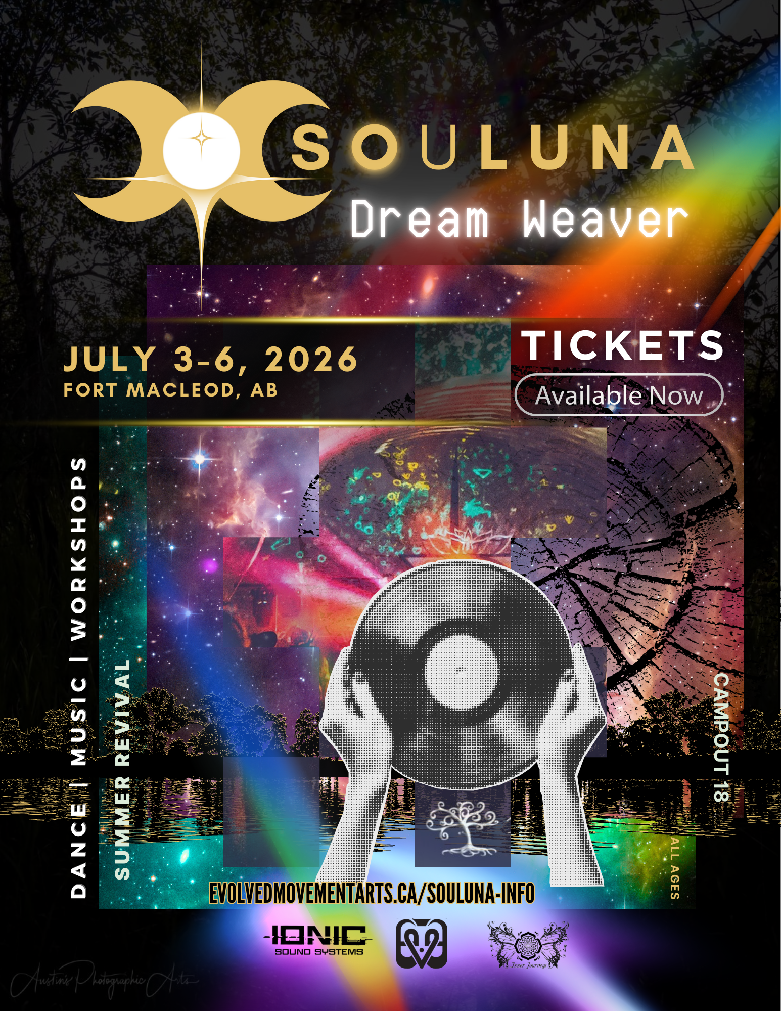 Poster advertising the Souluna festival taking place from July 3 to July 6, 2026, in Fort Macleod, Alberta. Designed by Radiomud.