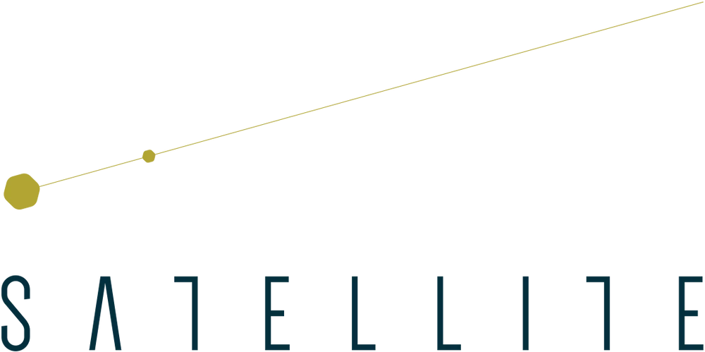 Illustration of Earth with a satellite orbiting and the word 'SATELLITE' in blue above.
