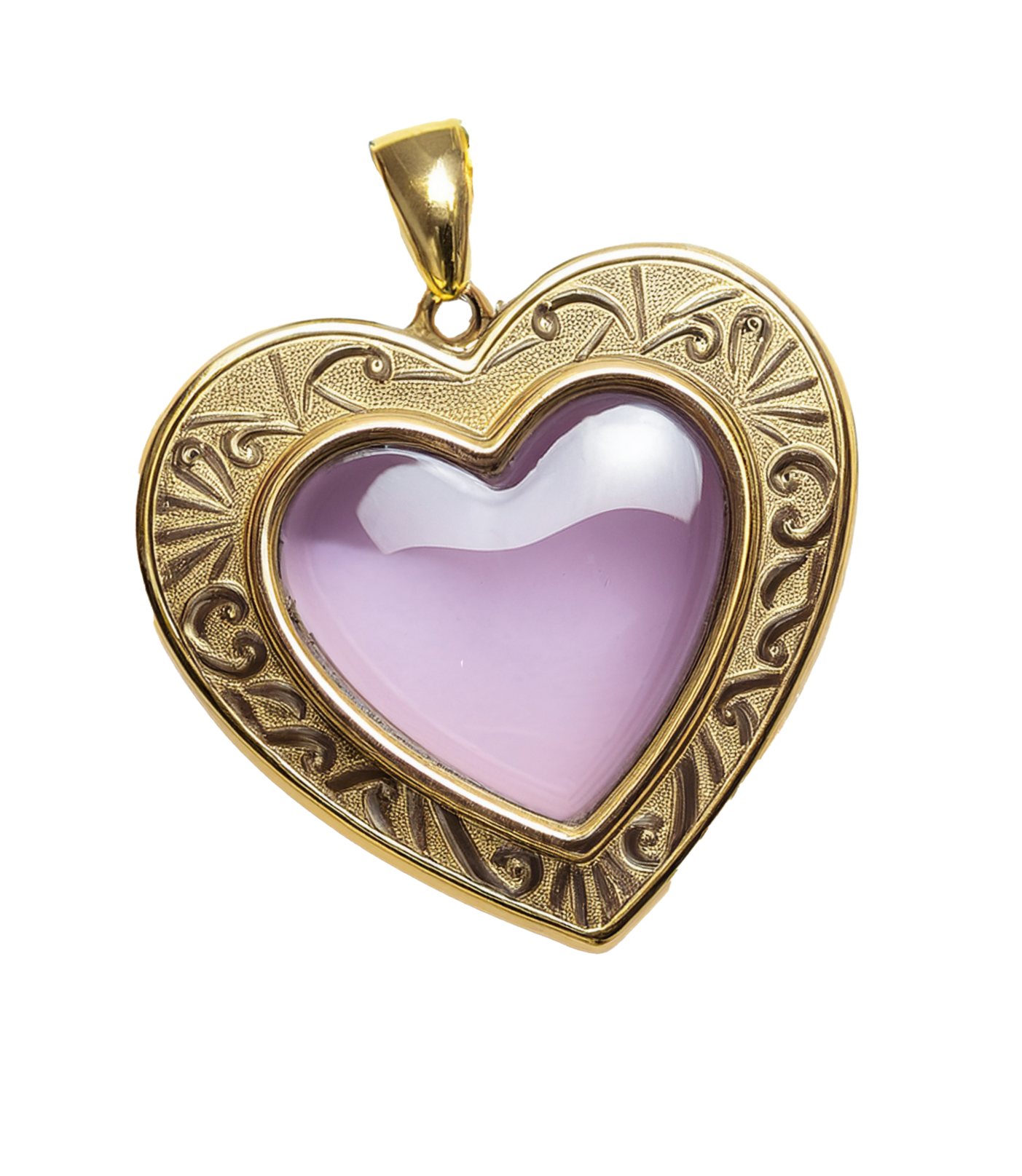 A gold heart-shaped locket necklace with a pink heart-shaped center.