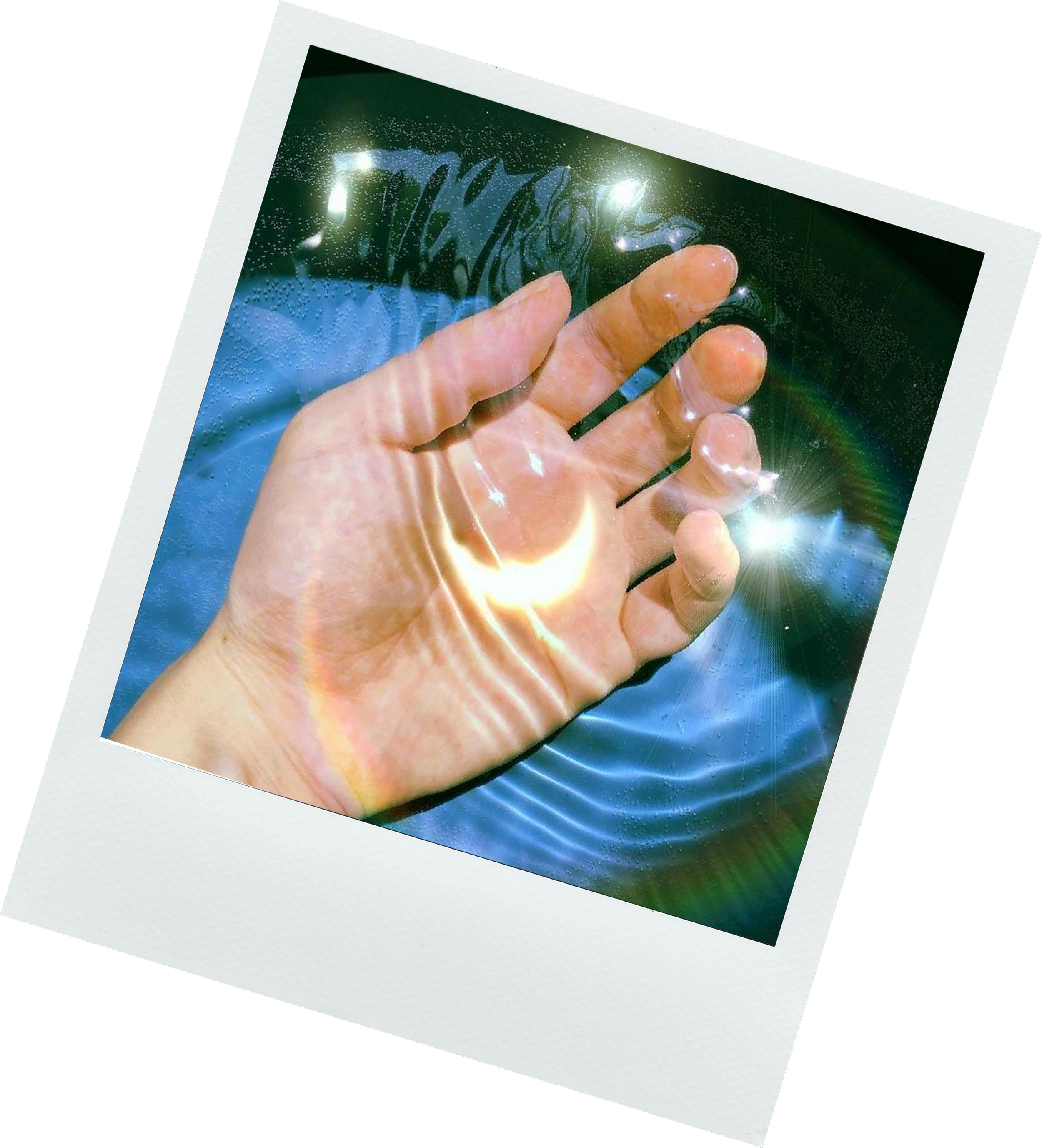 Hand touching a reflective, greenish surface with water droplets, in a stylized, glowing effect.