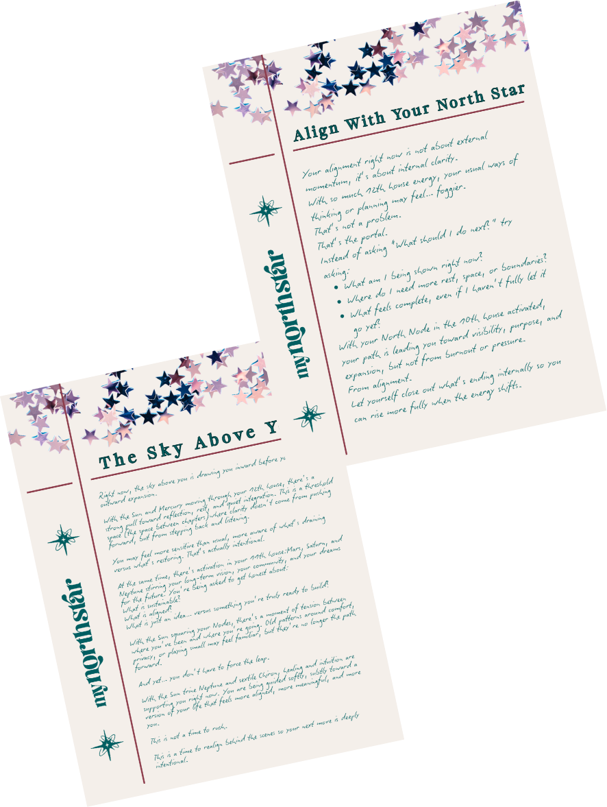 Two A4-sized sheets of paper with celestial-themed design, featuring stars and a comet, containing writing titled 'The Sky Above Y' and 'Align With Your North Star', over patterned background with stars and stripes.