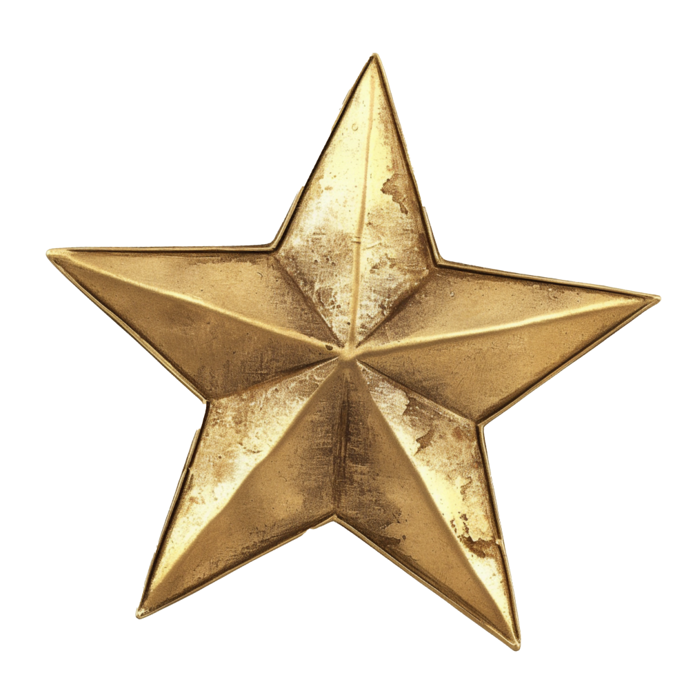 A close-up of a five-pointed metallic gold star ornament with some tarnished spots.