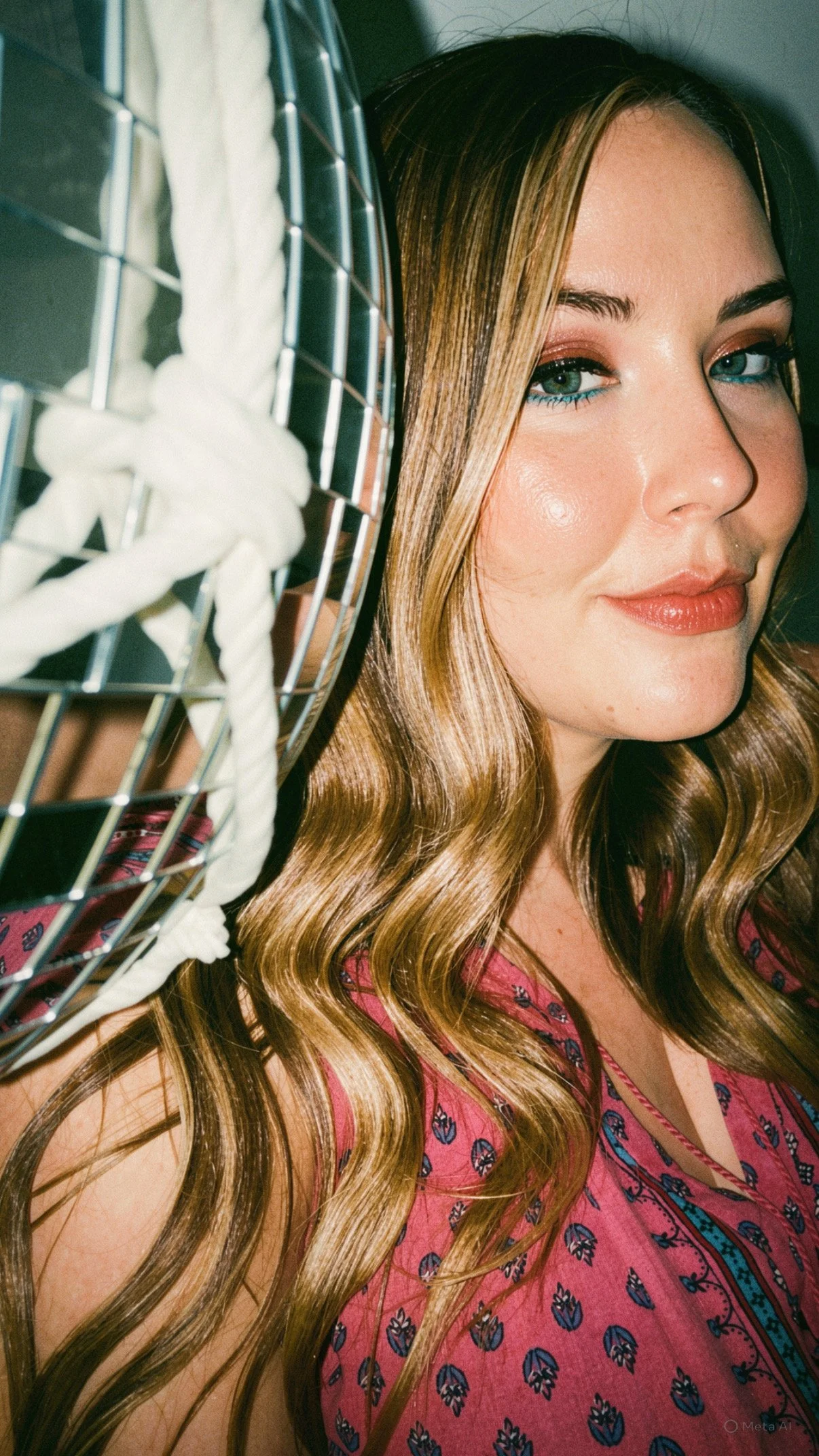 Close-up of a woman with long, wavy blonde hair, wearing makeup and a pink patterned dress, smiling softly, in front of a metallic fan.