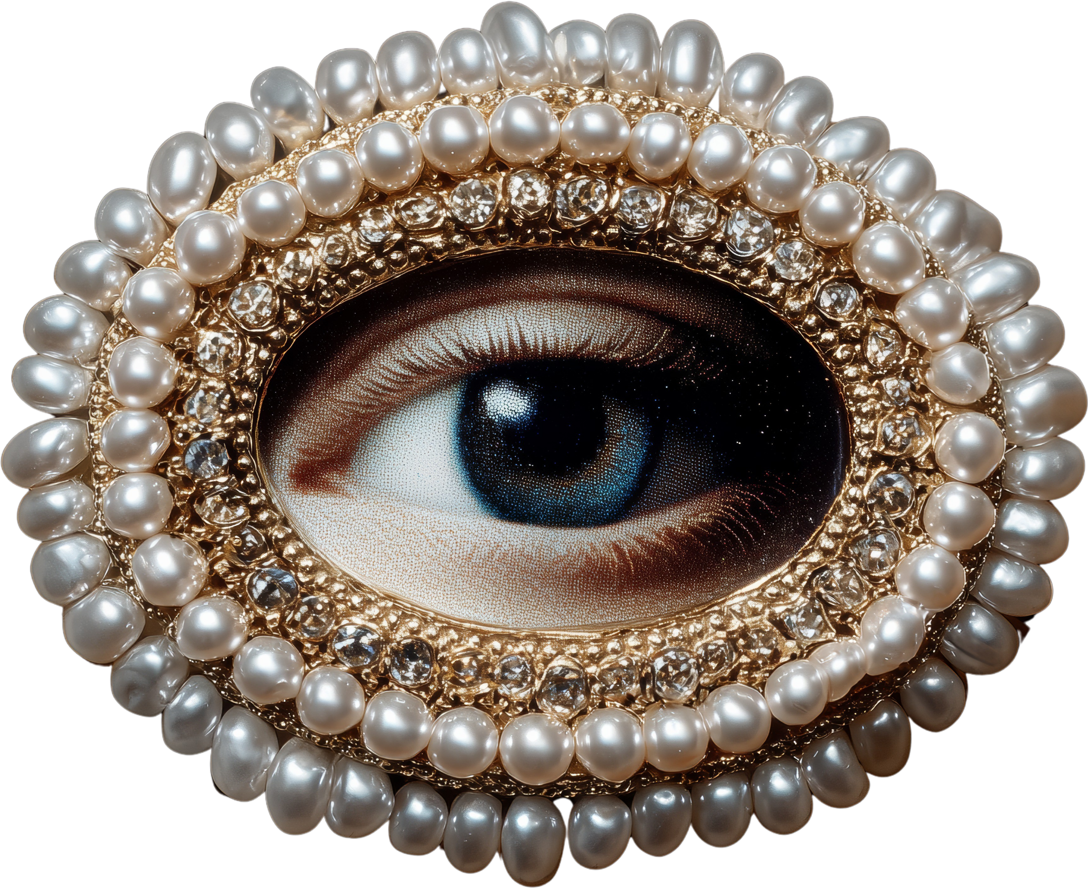 Close-up of a decorative eye with pearl and crystal embellishments around it.
