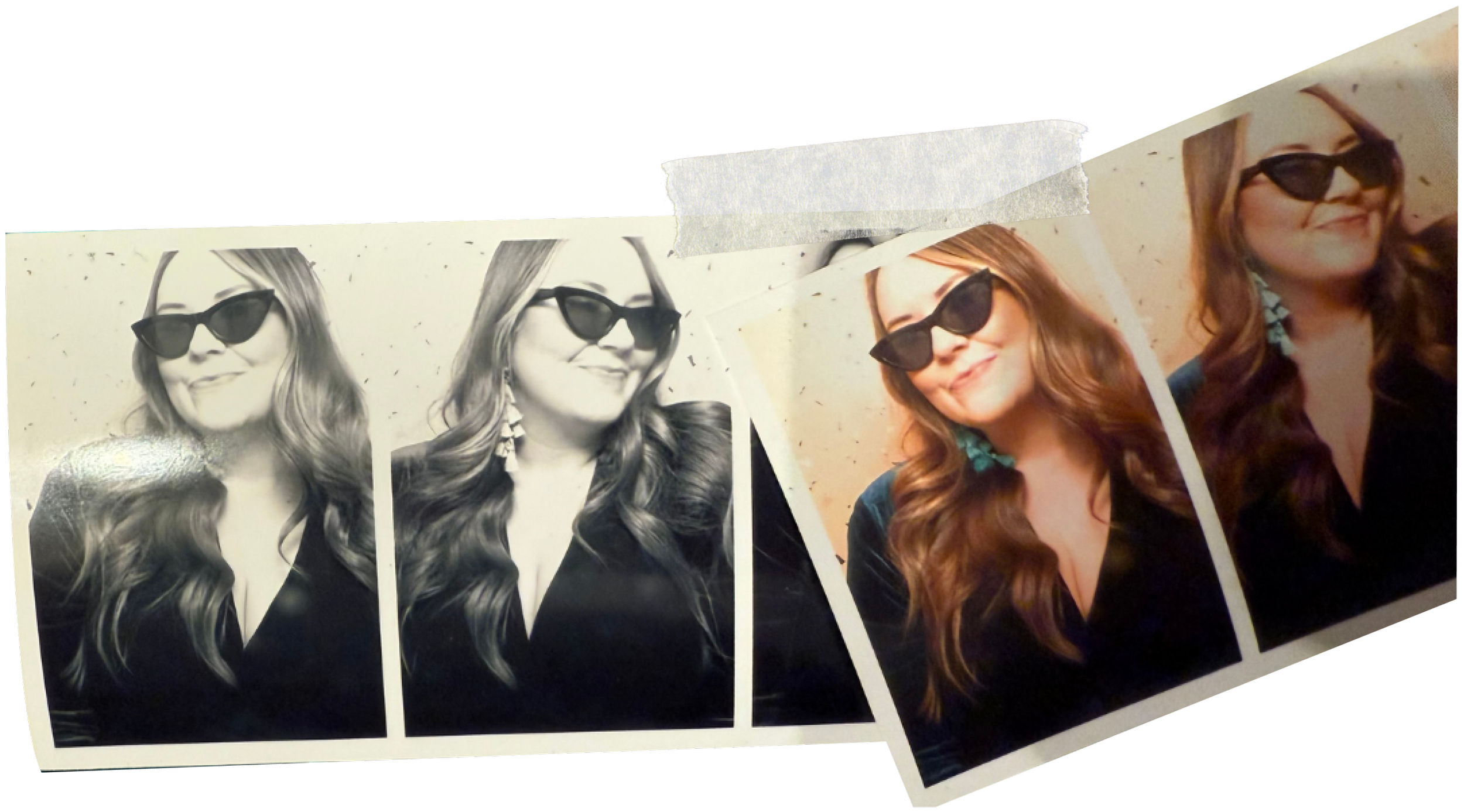 A collection of photographs showing a woman with long, wavy hair wearing sunglasses, some in black-and-white and some in color, taped to a surface.