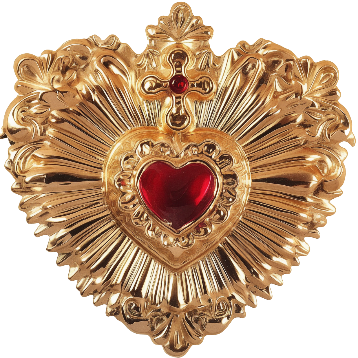 Golden religious relic with a heart-shaped gem and a cross on top, surrounded by ornate rays and decorative details.
