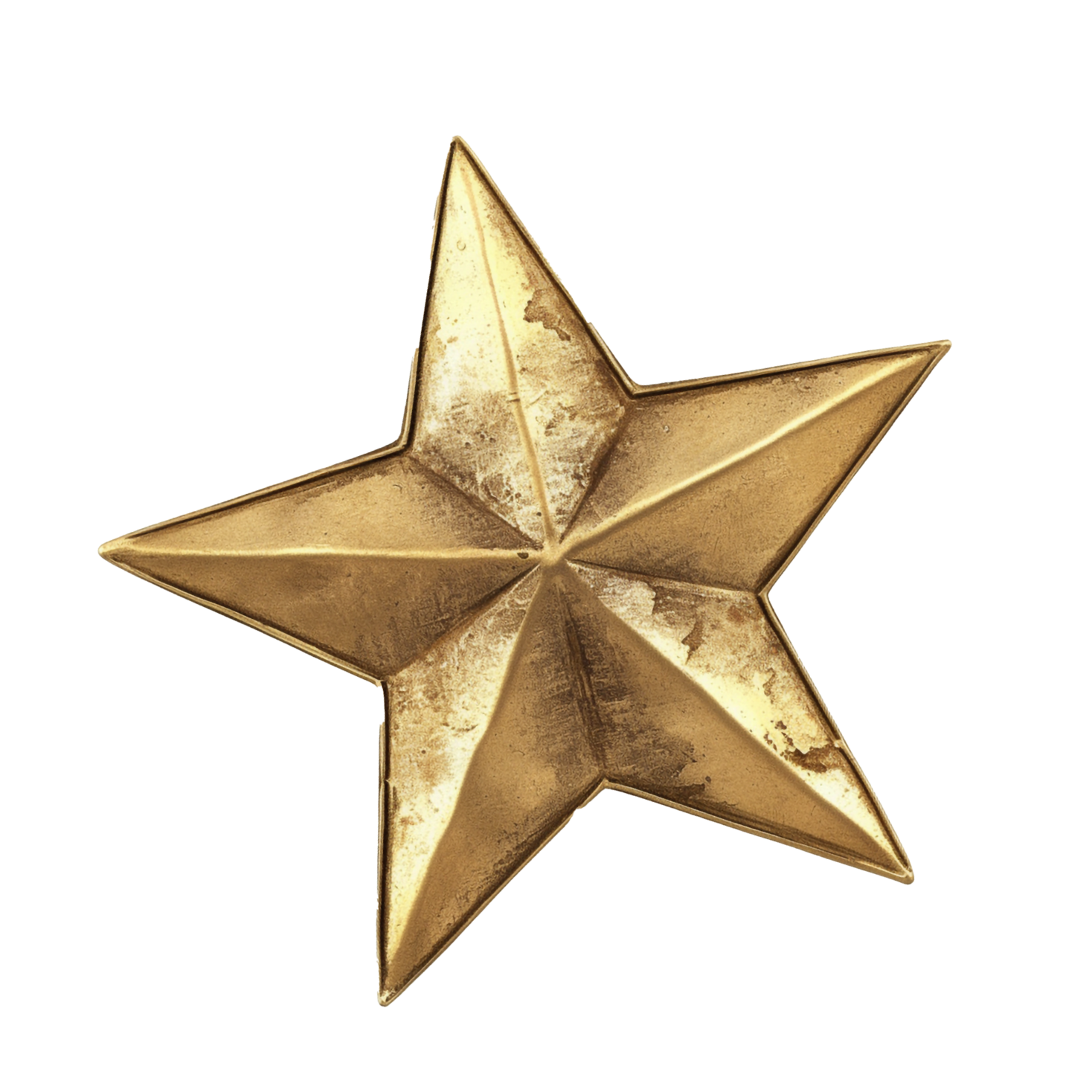 A metallic gold star-shaped ornament with a textured surface and five points.