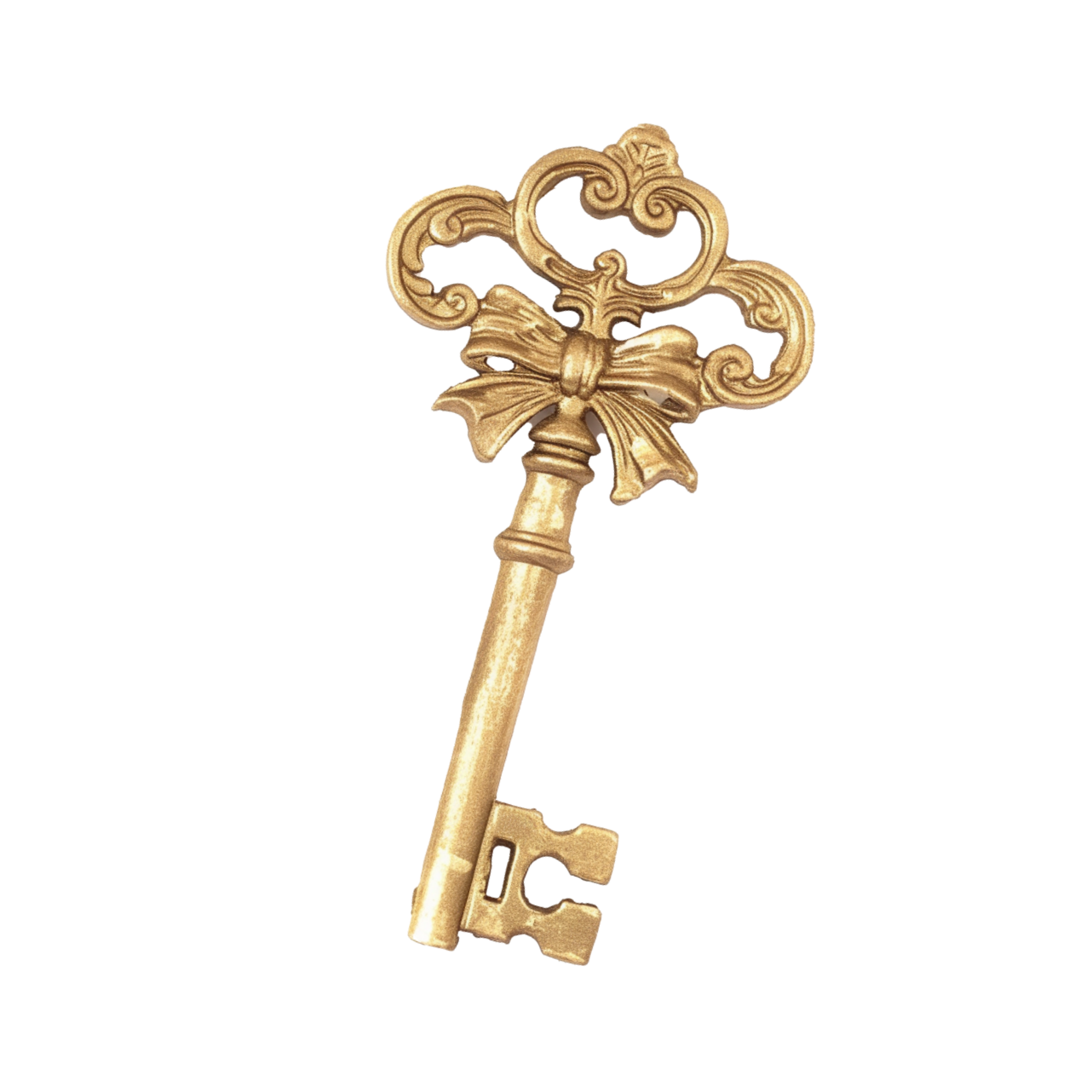 A gold-colored vintage-style key with ornate, decorative bow shaped like a bow with scrollwork and a stem with a rectangular bit.