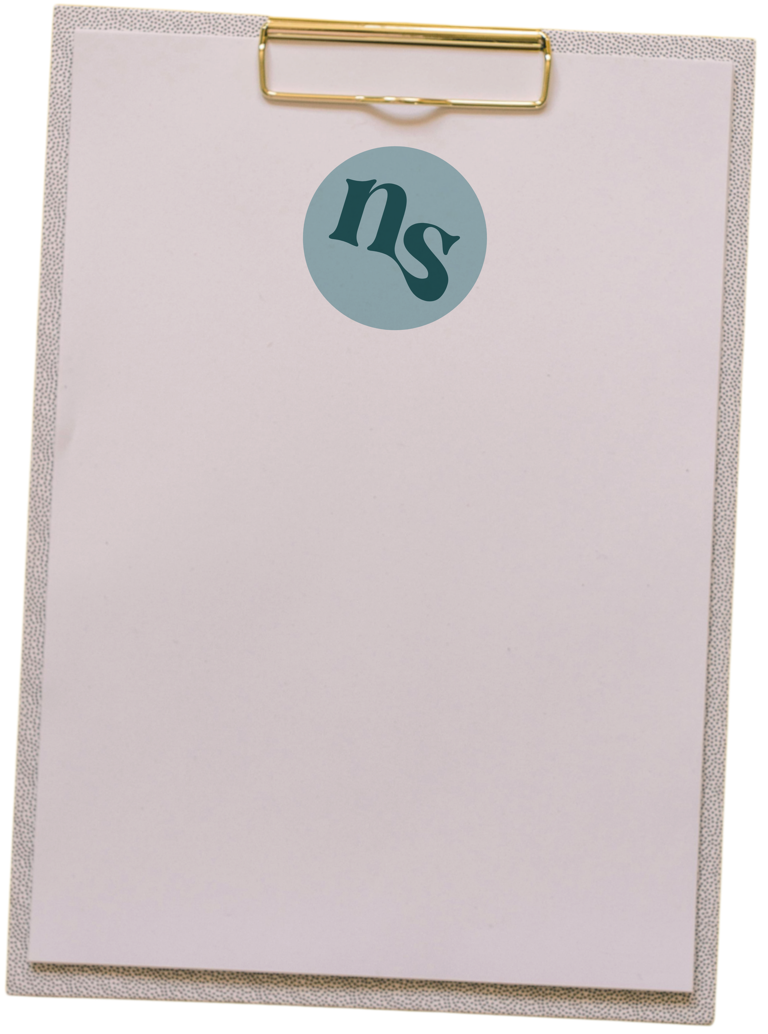 A blank white sheet of paper clipped to a clipboard with a gold metal clip. The paper has a large, centered blue circle with the lowercase letters 'ns' inside it.