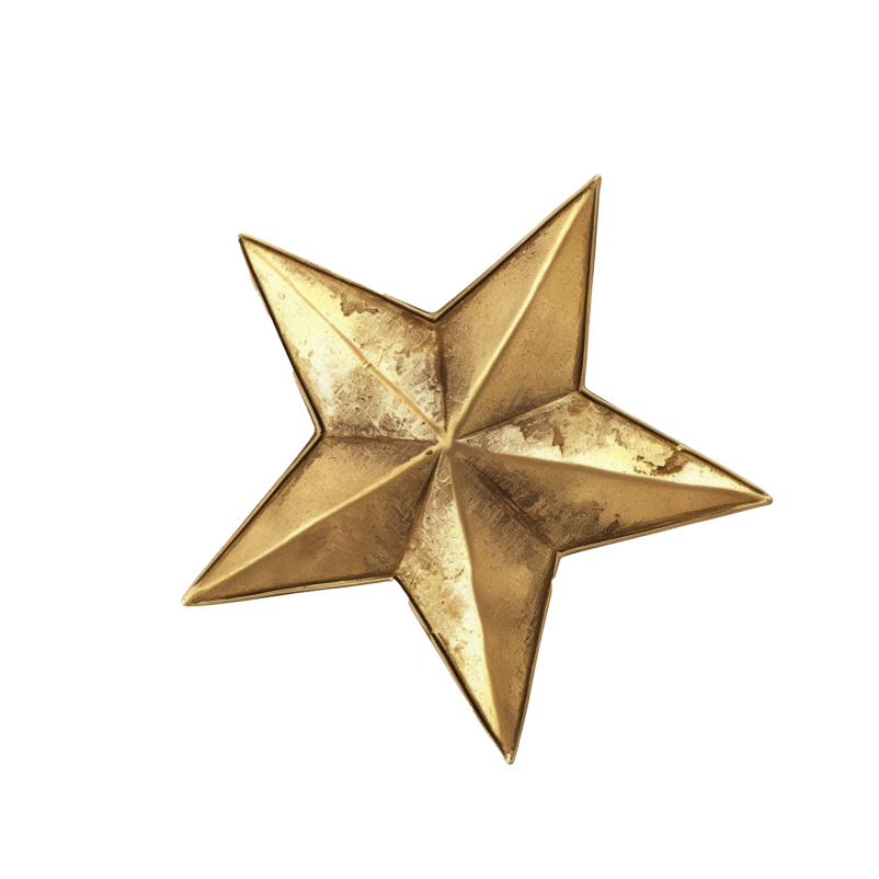 A gold, five-pointed star-shaped decoration with a shiny, reflective surface and some tarnished or aged areas.