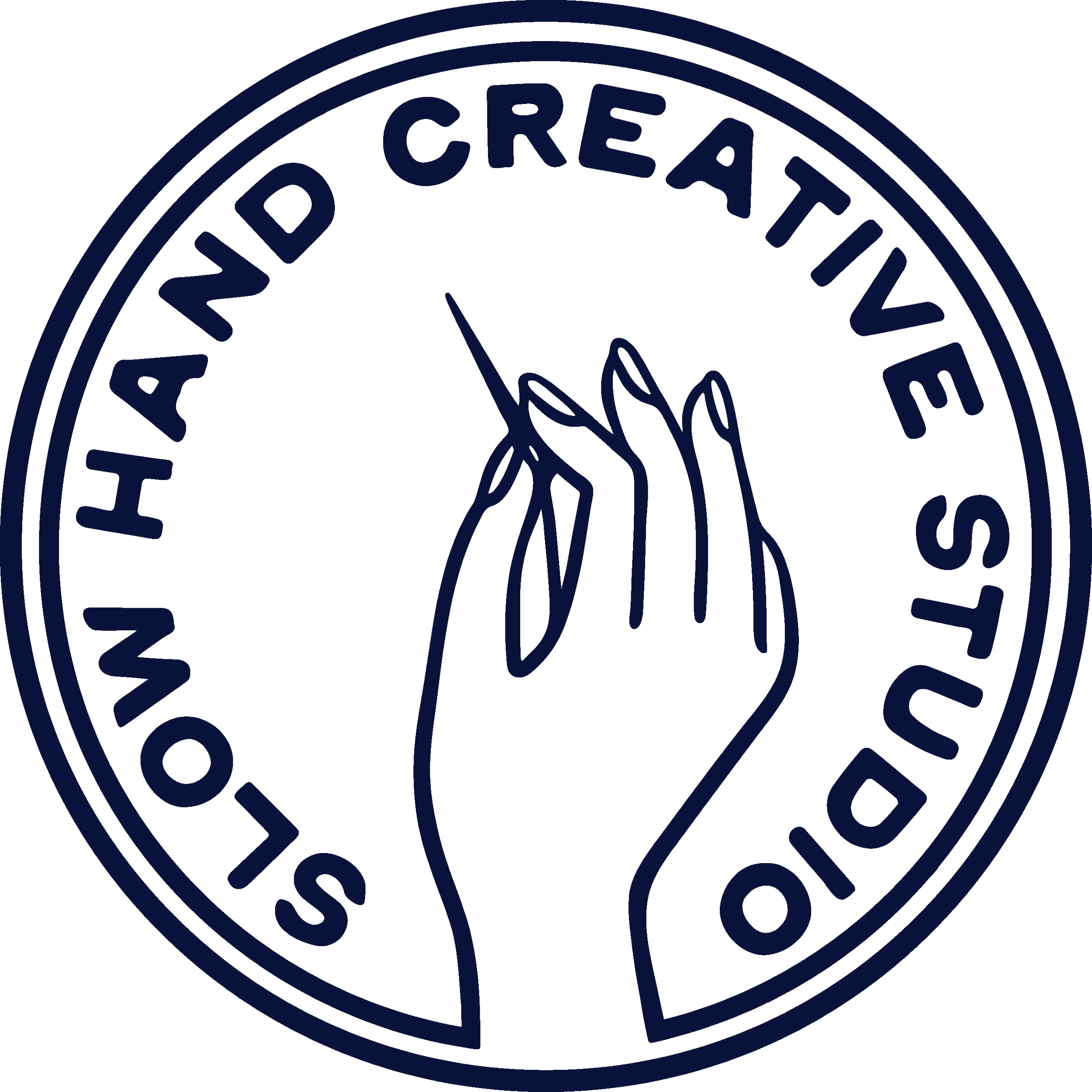 Logo with circular double border containing the text 'SLOW HAND CREATIVE STUDIO' and an illustrated hand holding a needle in the centre.
