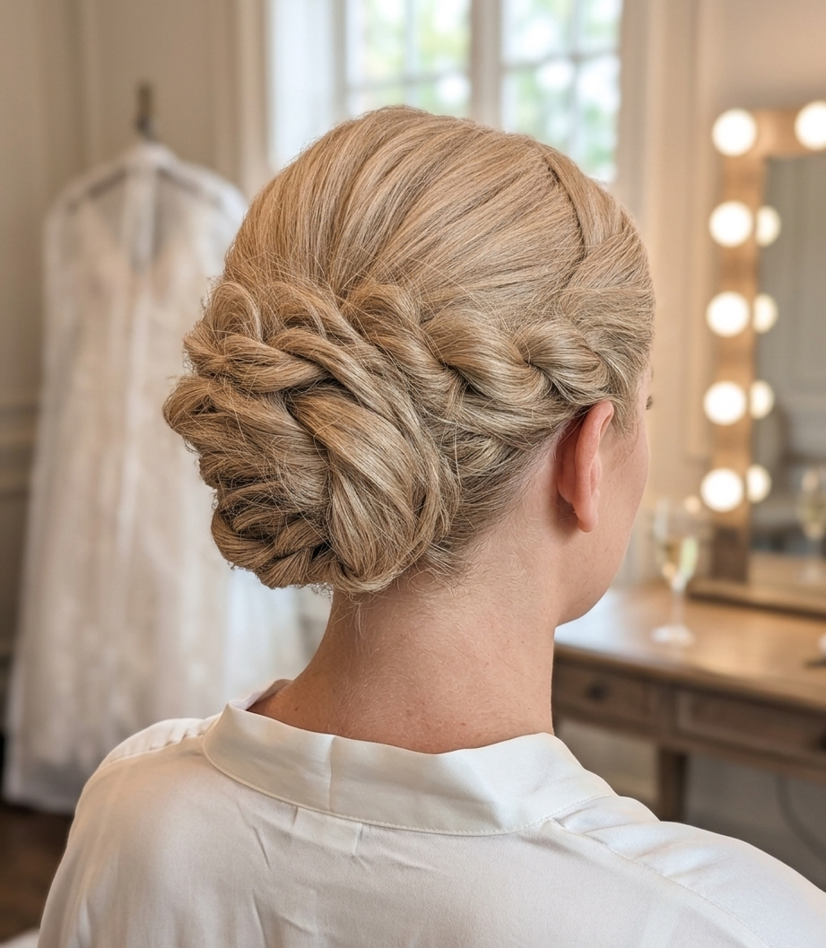 *Hair styled by me on a mannequin; model and bridal attire enhanced using AI for visual conceptualization. Feel free to contact me for the original mannequin image.