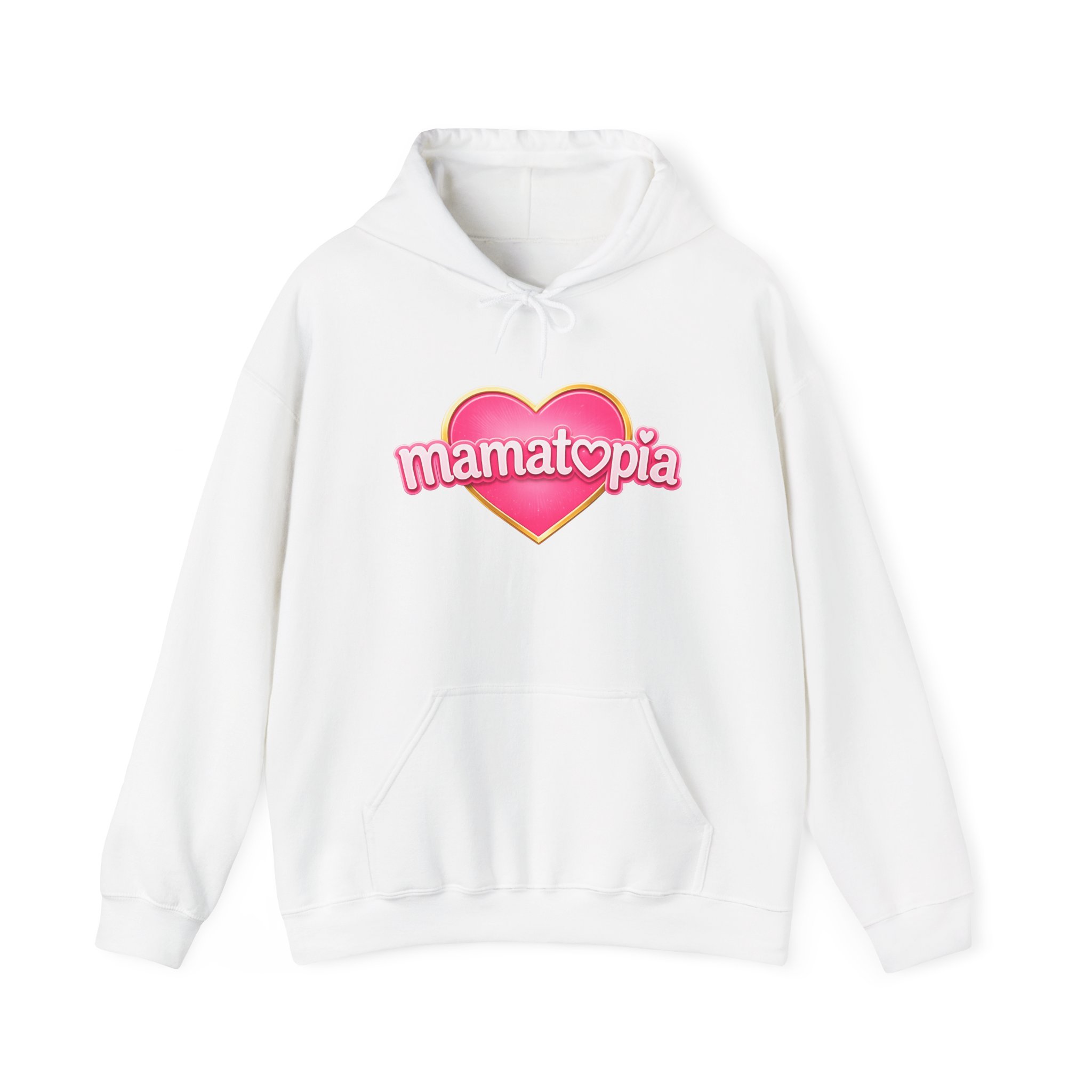 Momtopia Heart Logo Hoodie — Cute Pink Graphic Pullover for Moms