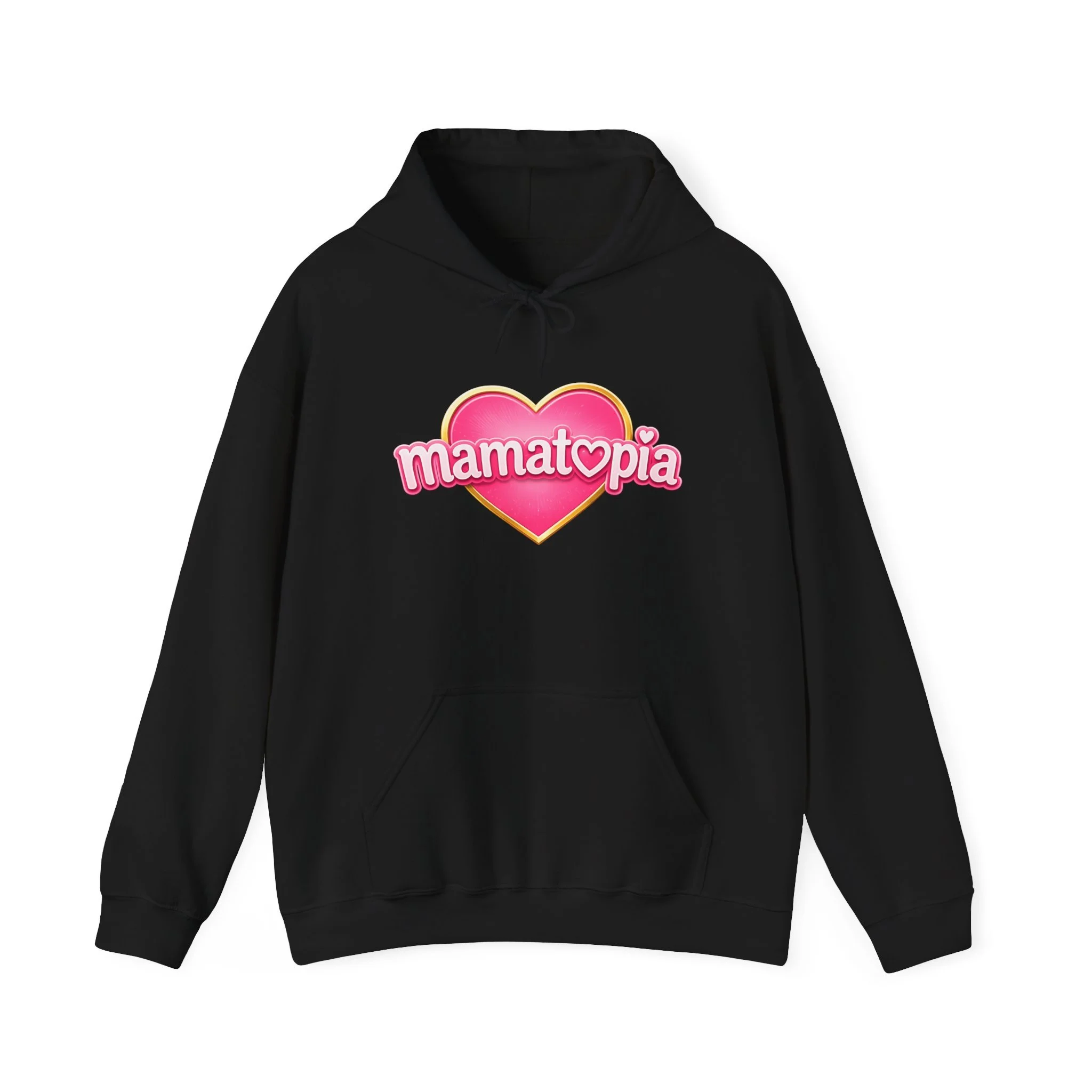 Momtopia Heart Logo Hoodie — Cute Pink Graphic Pullover for Moms
