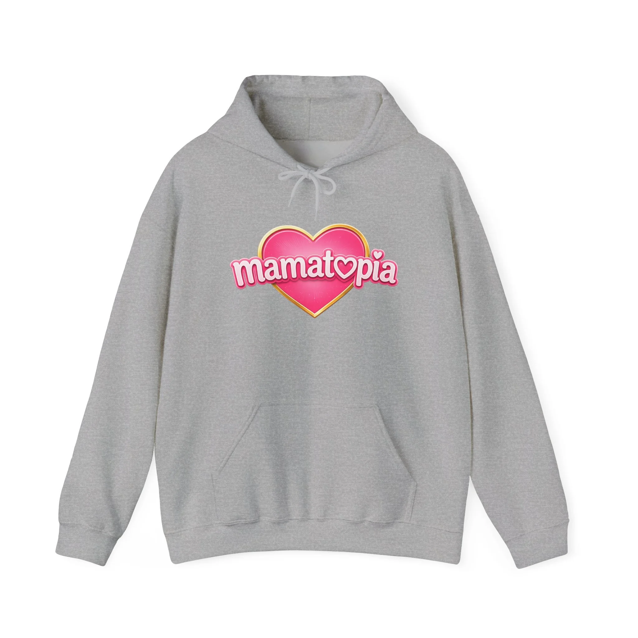 Momtopia Heart Logo Hoodie — Cute Pink Graphic Pullover for Moms
