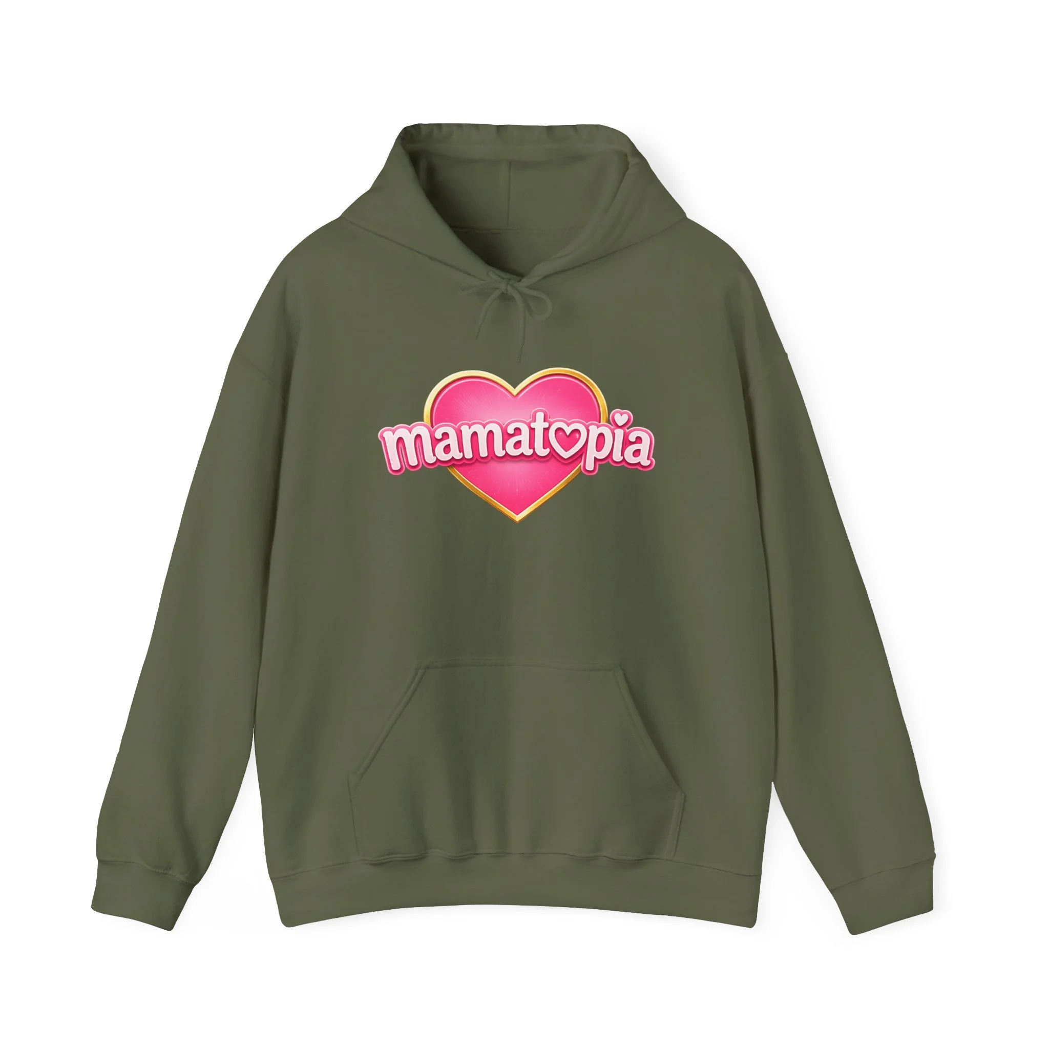 Momtopia Heart Logo Hoodie — Cute Pink Graphic Pullover for Moms