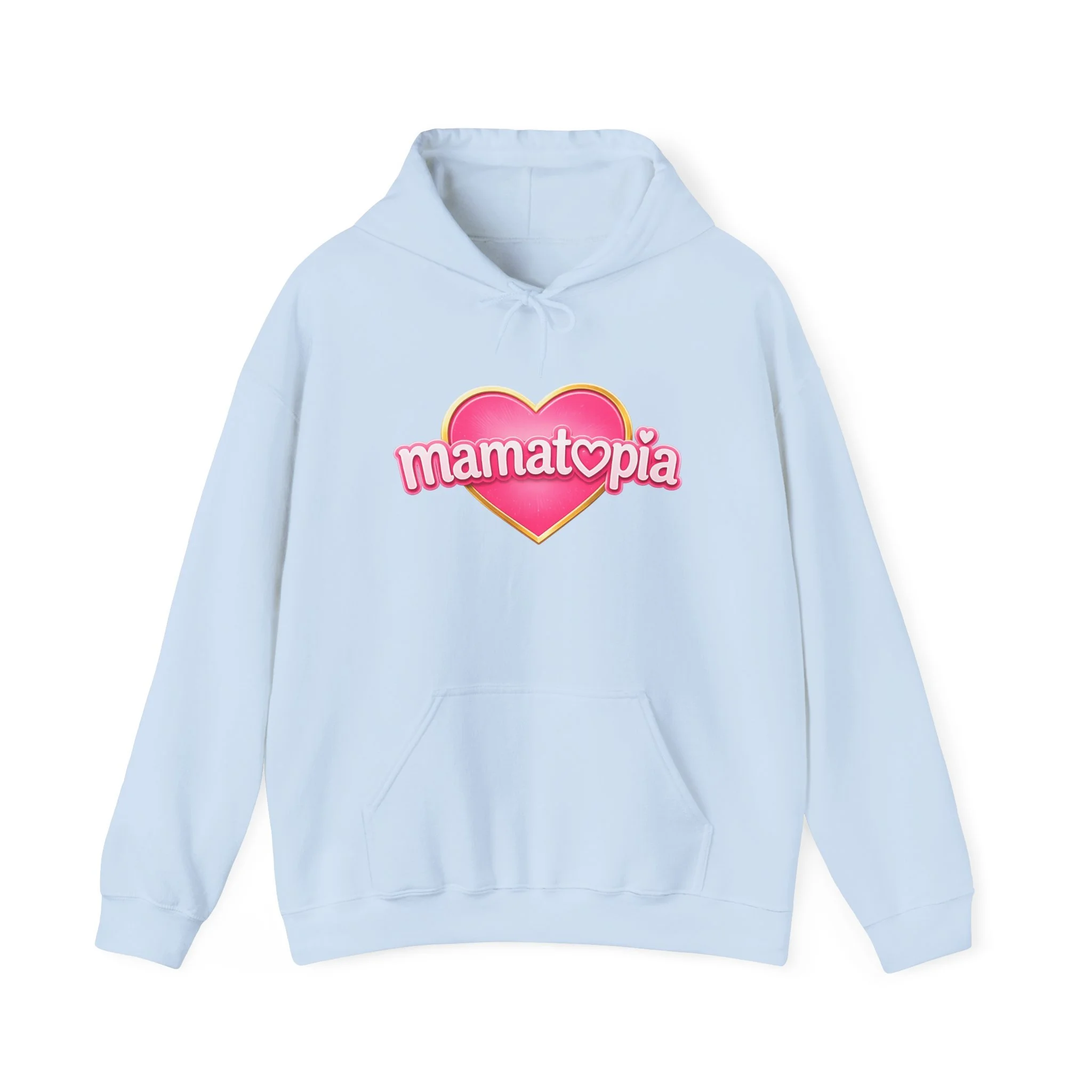 Momtopia Heart Logo Hoodie — Cute Pink Graphic Pullover for Moms