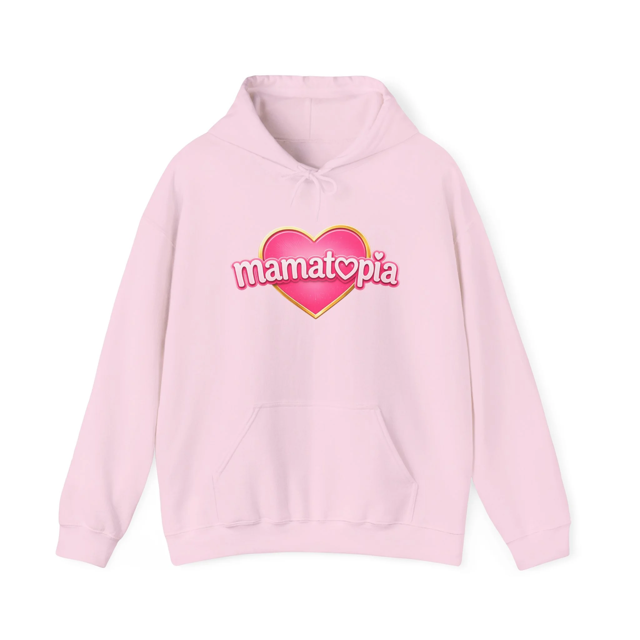 Momtopia Heart Logo Hoodie — Cute Pink Graphic Pullover for Moms