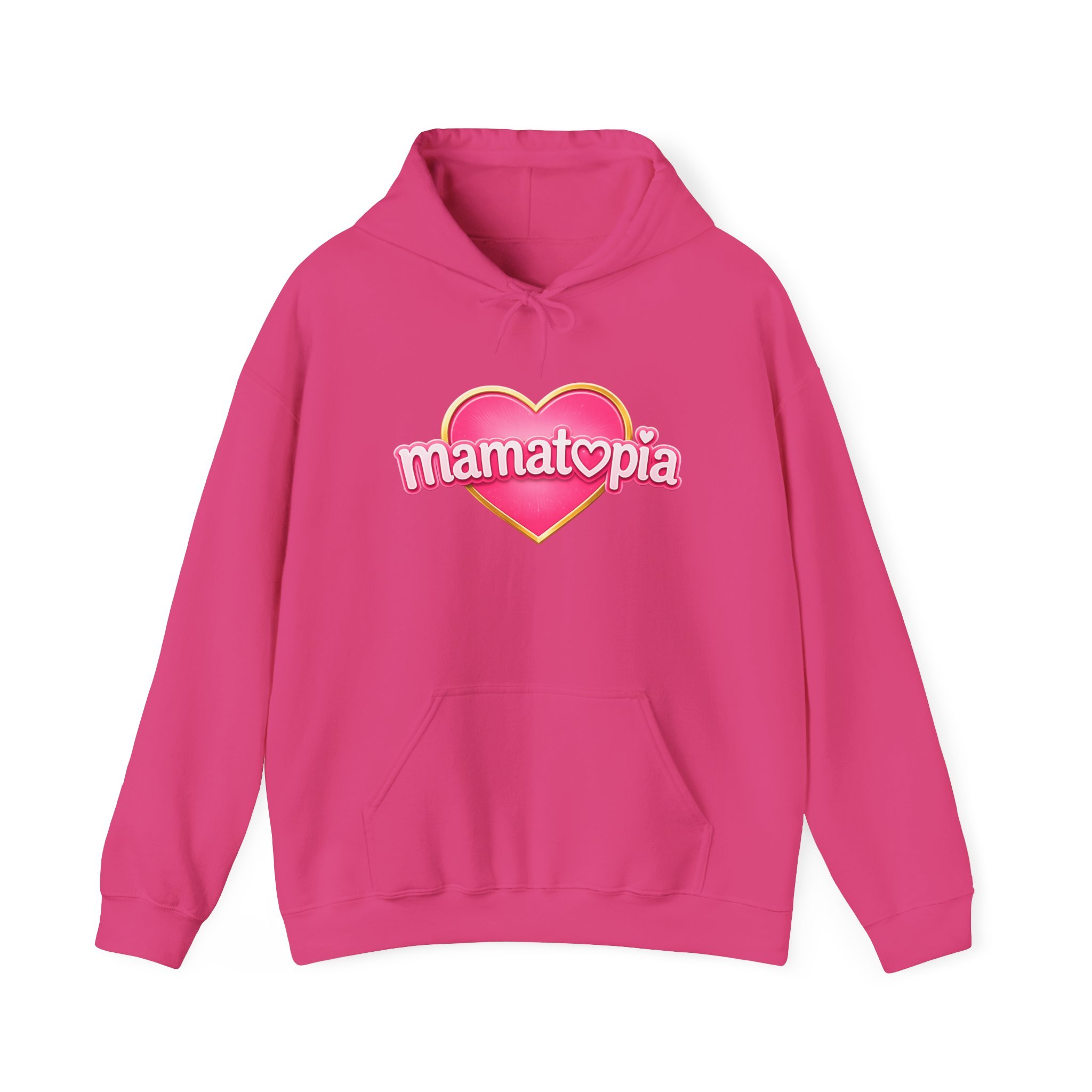 Momtopia Heart Logo Hoodie — Cute Pink Graphic Pullover for Moms