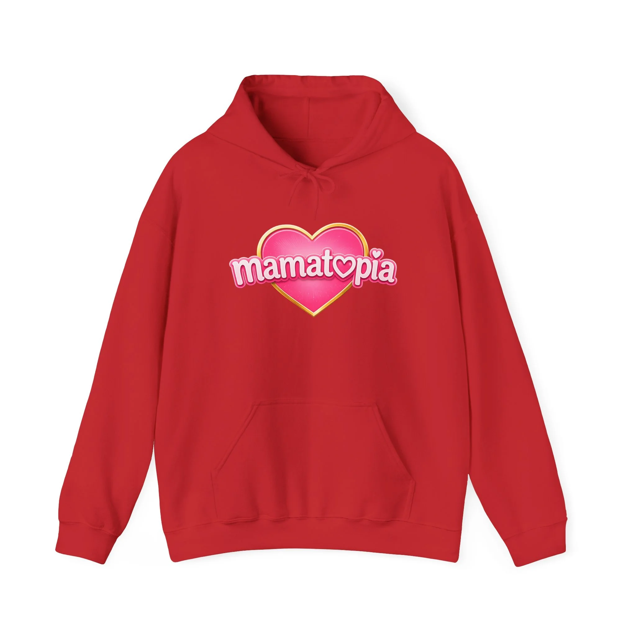 Momtopia Heart Logo Hoodie — Cute Pink Graphic Pullover for Moms