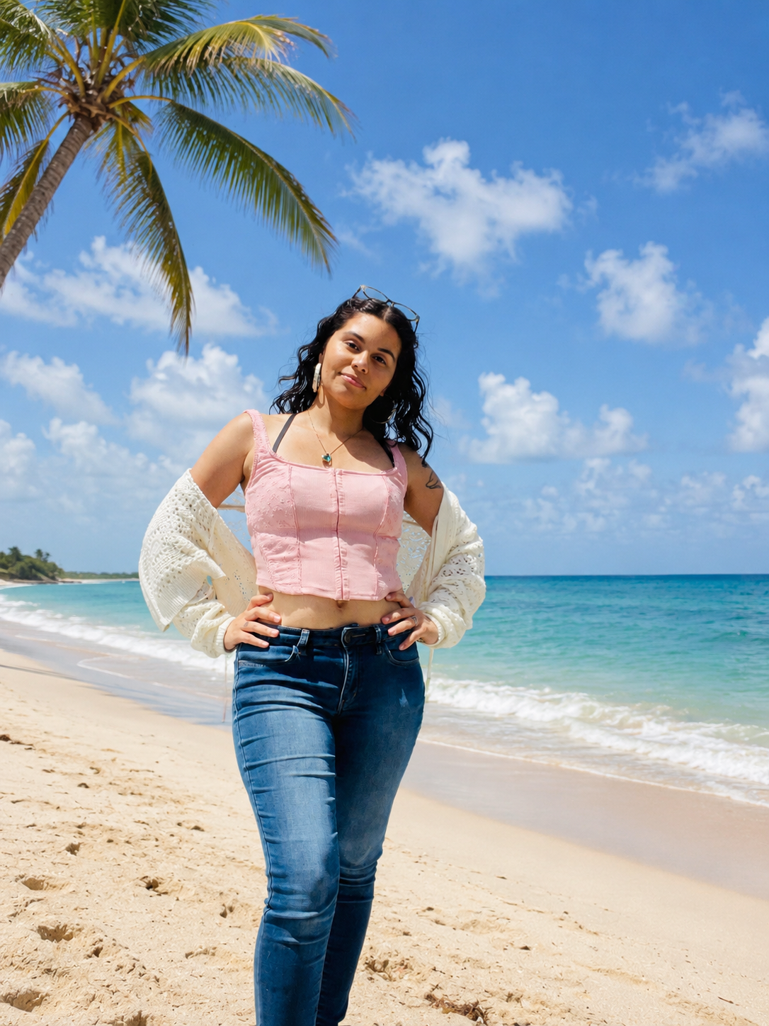 Woman standing on sandy beach with palm tree, wearing pink crop top, jeans, and white cardigan, under a blue sky with scattered clouds, overlooking the ocean.