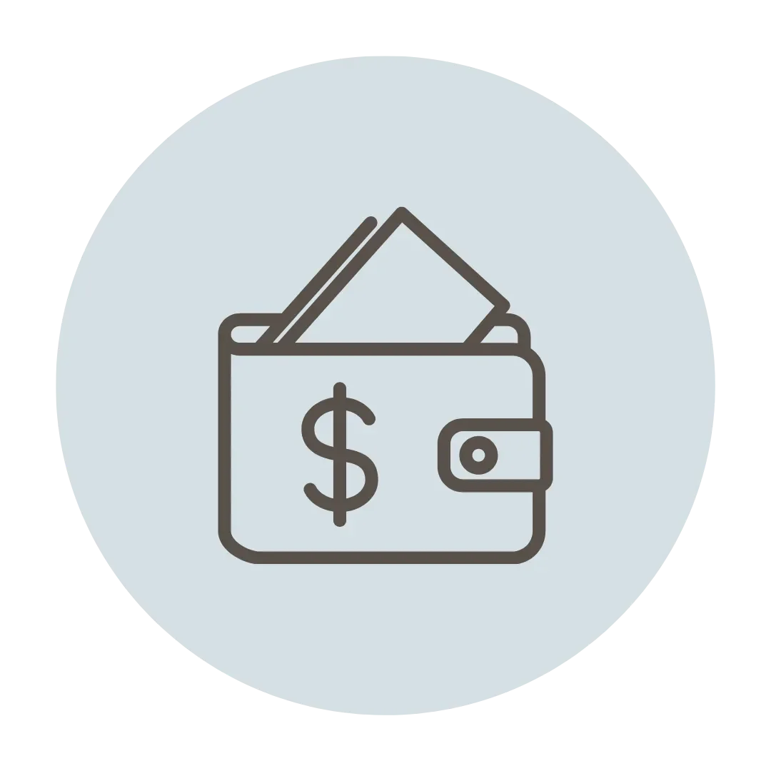 Icon of a wallet with a dollar sign on it, containing cash.