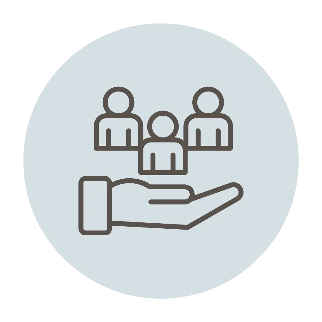 An icon of a hand holding three people, symbolizing community or support.
