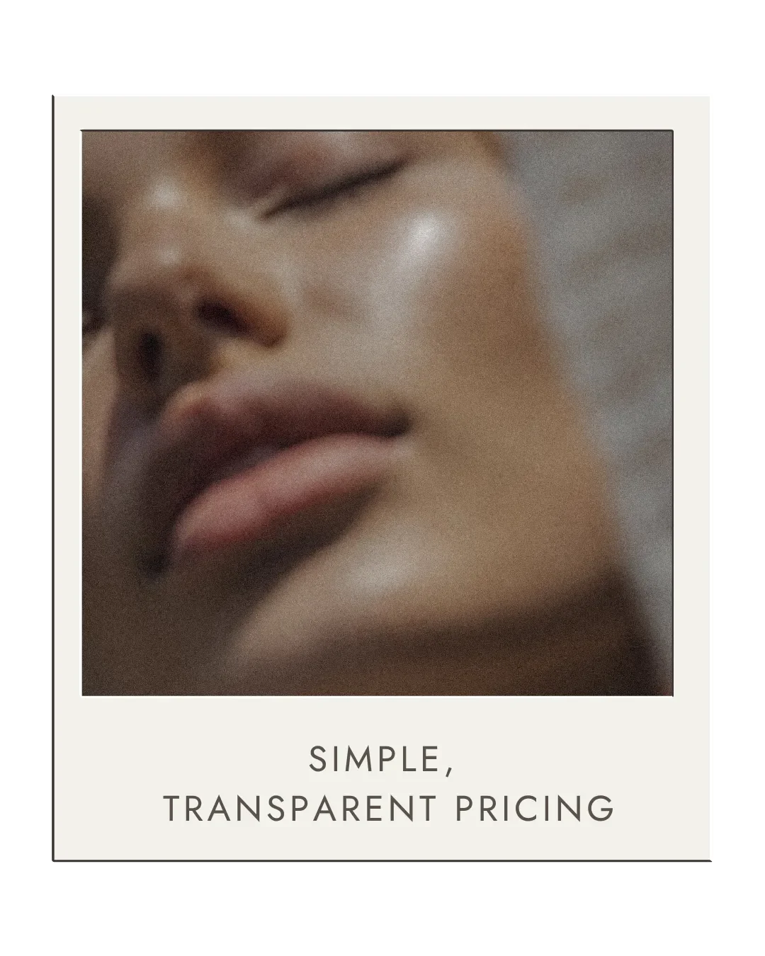 Close-up of a woman's face with smooth skin and closed eyes, emphasizing natural beauty. Text overlay reads 'Simple, Transparent Pricing'.