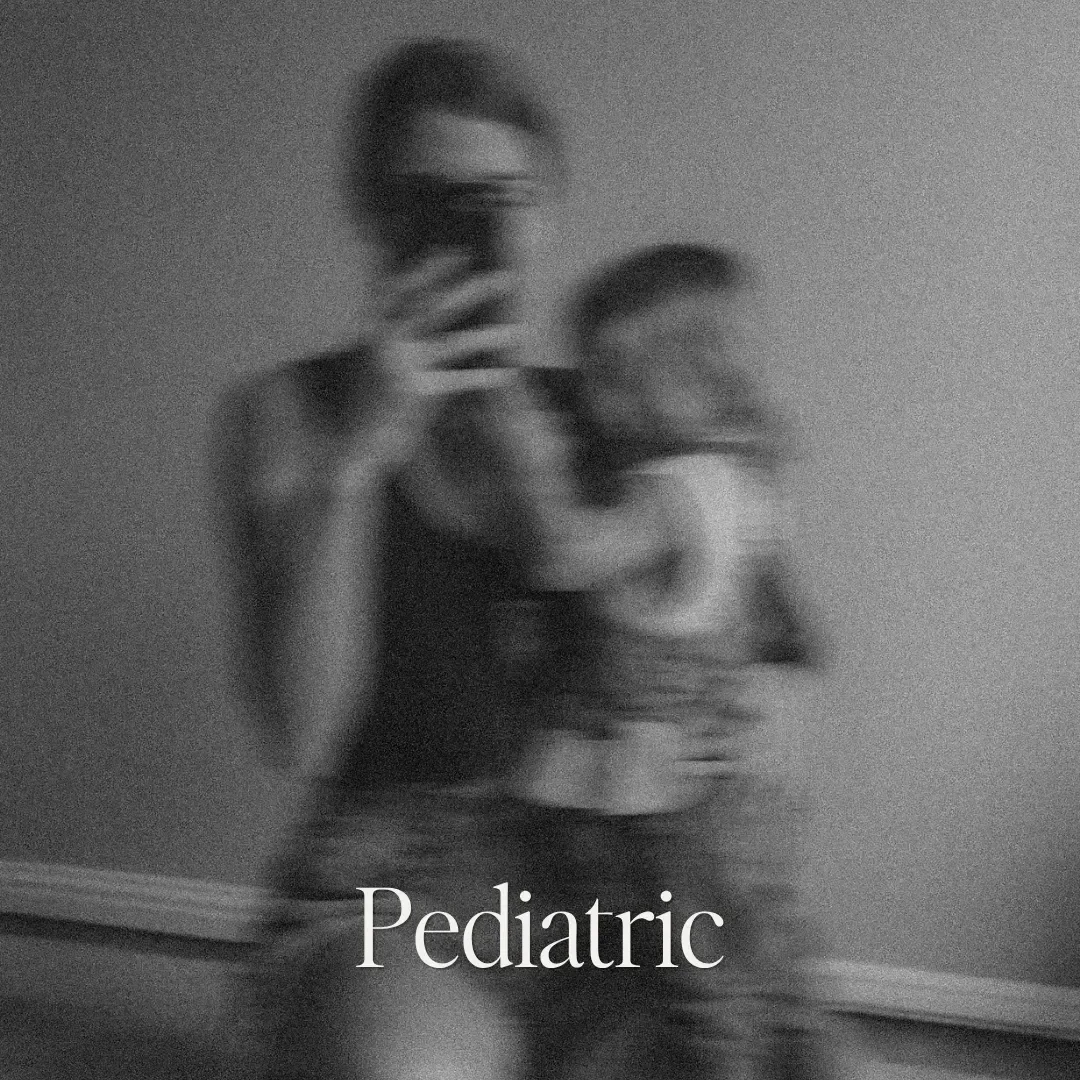 Blurry black and white photo of a woman taking a mirror selfie with a child, with the word 'Pediatric' at the bottom.