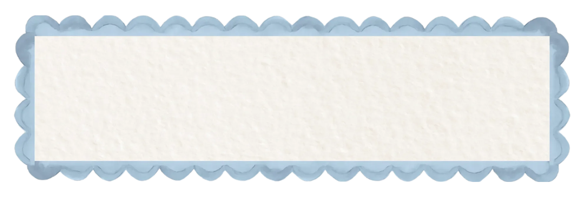 Empty rectangular bakery or cake label with scalloped blue border and white textured center.