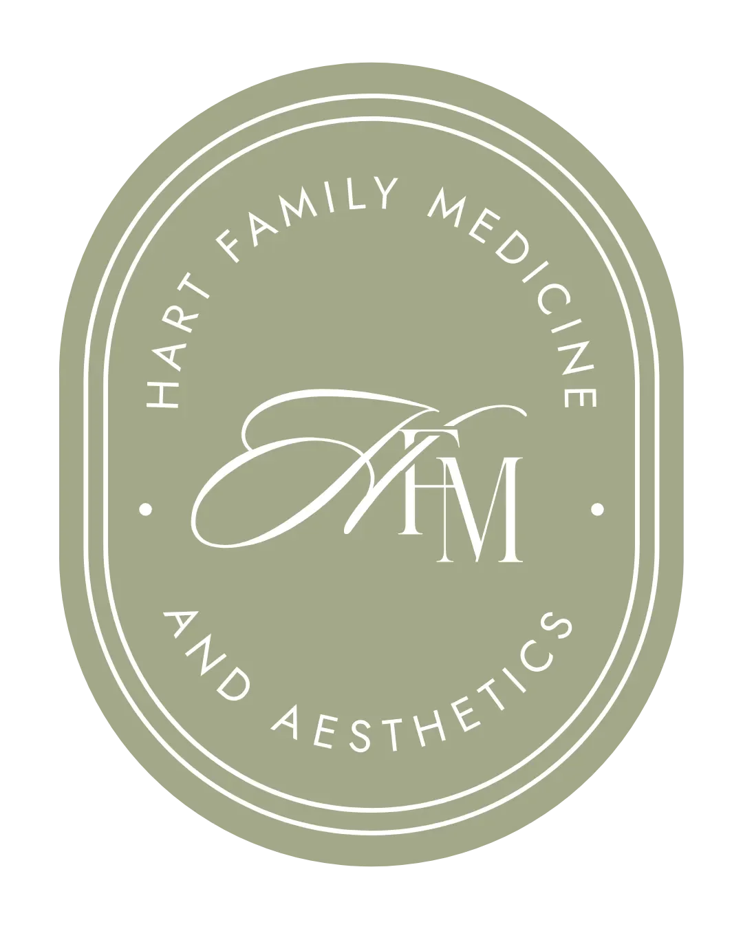 Logo for Hart Art Family Medicine and Aesthetic, featuring an oval shape with a light green background, the initials H A M in an elegant font, and the words 'Hart Art Family Medicine and Aesthetic' encircling the initials.