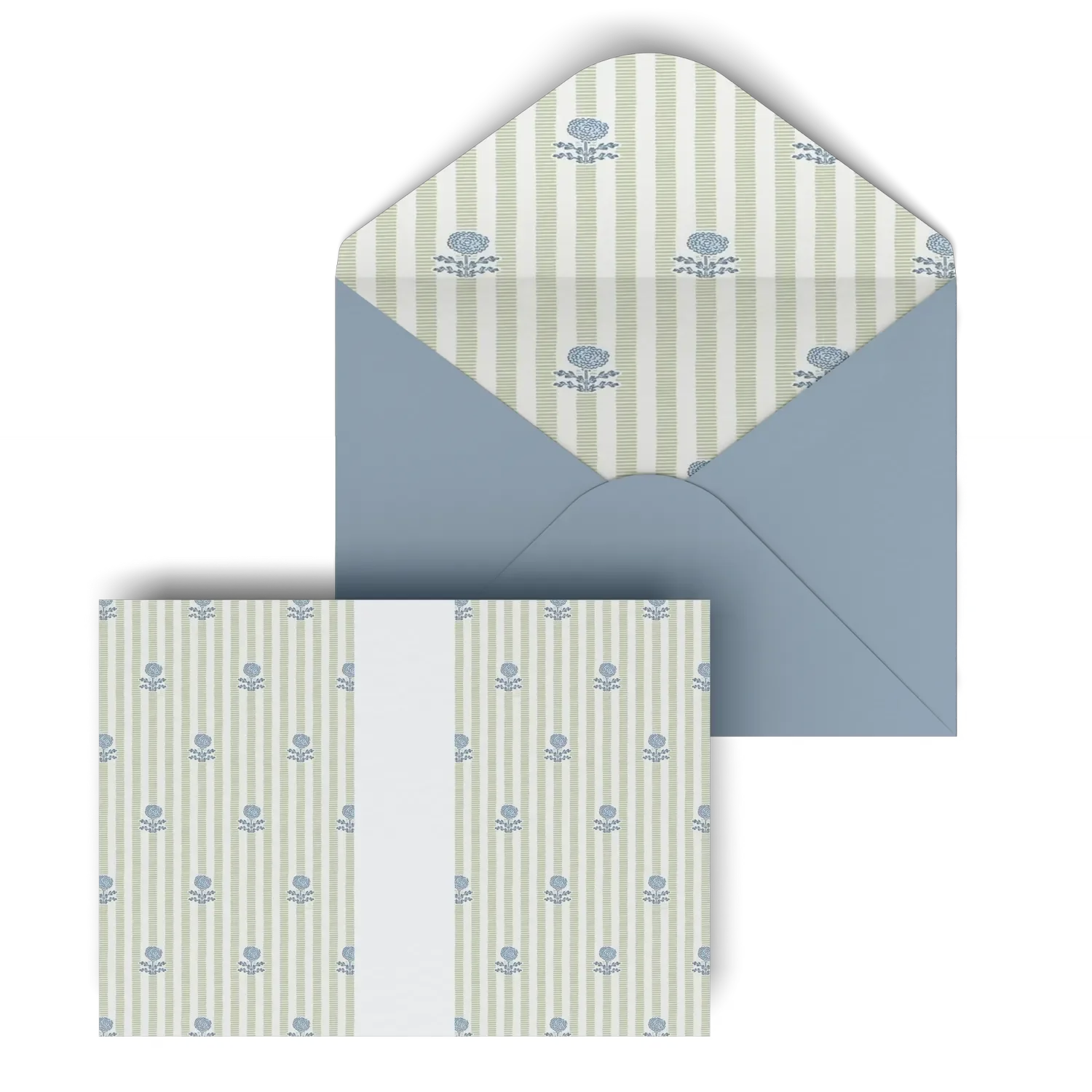 Light blue greeting card with floral pattern, matching envelope with floral pattern inside, on white background.