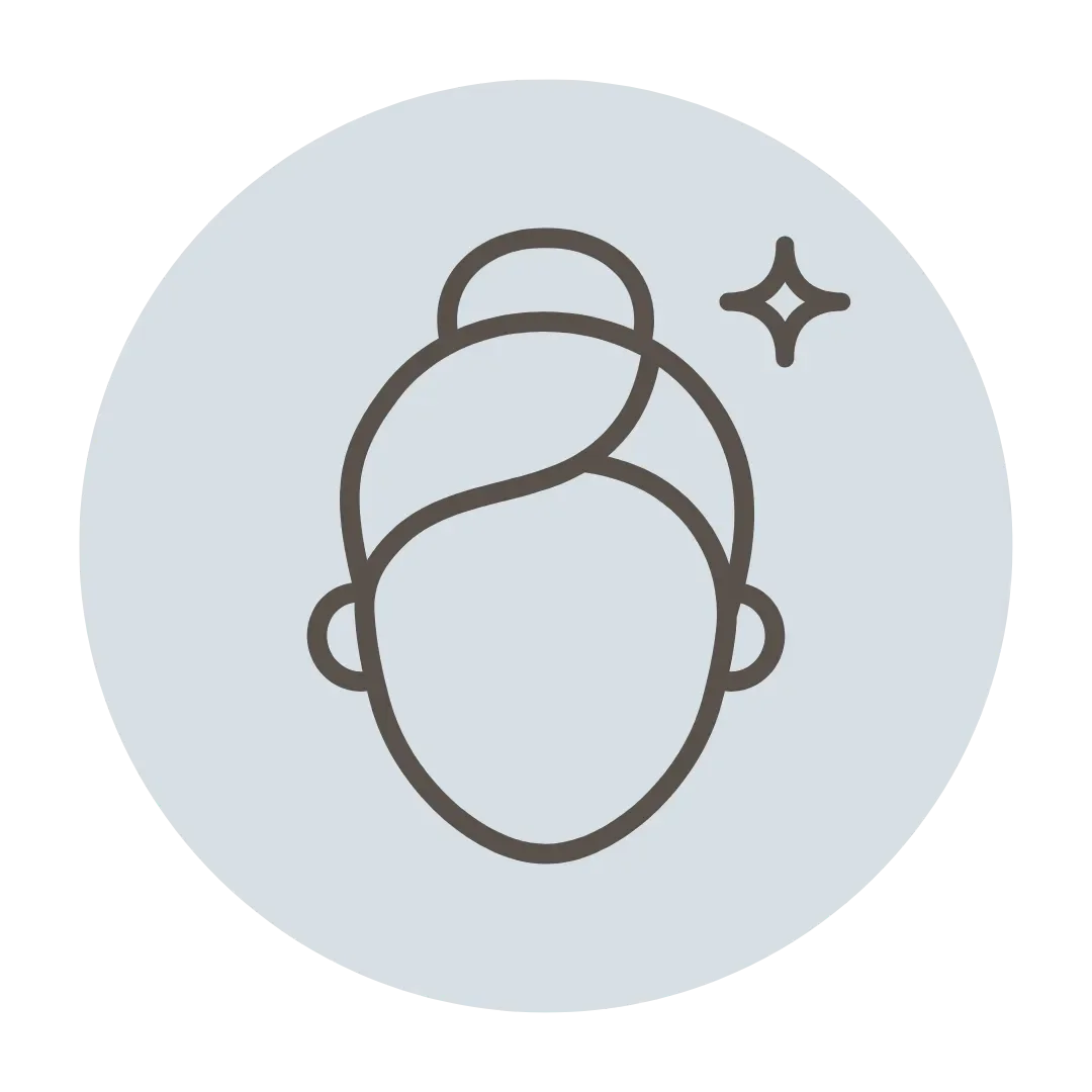 Line drawing of a woman's head with hair in a bun, earrings, and a sparkle to the side.