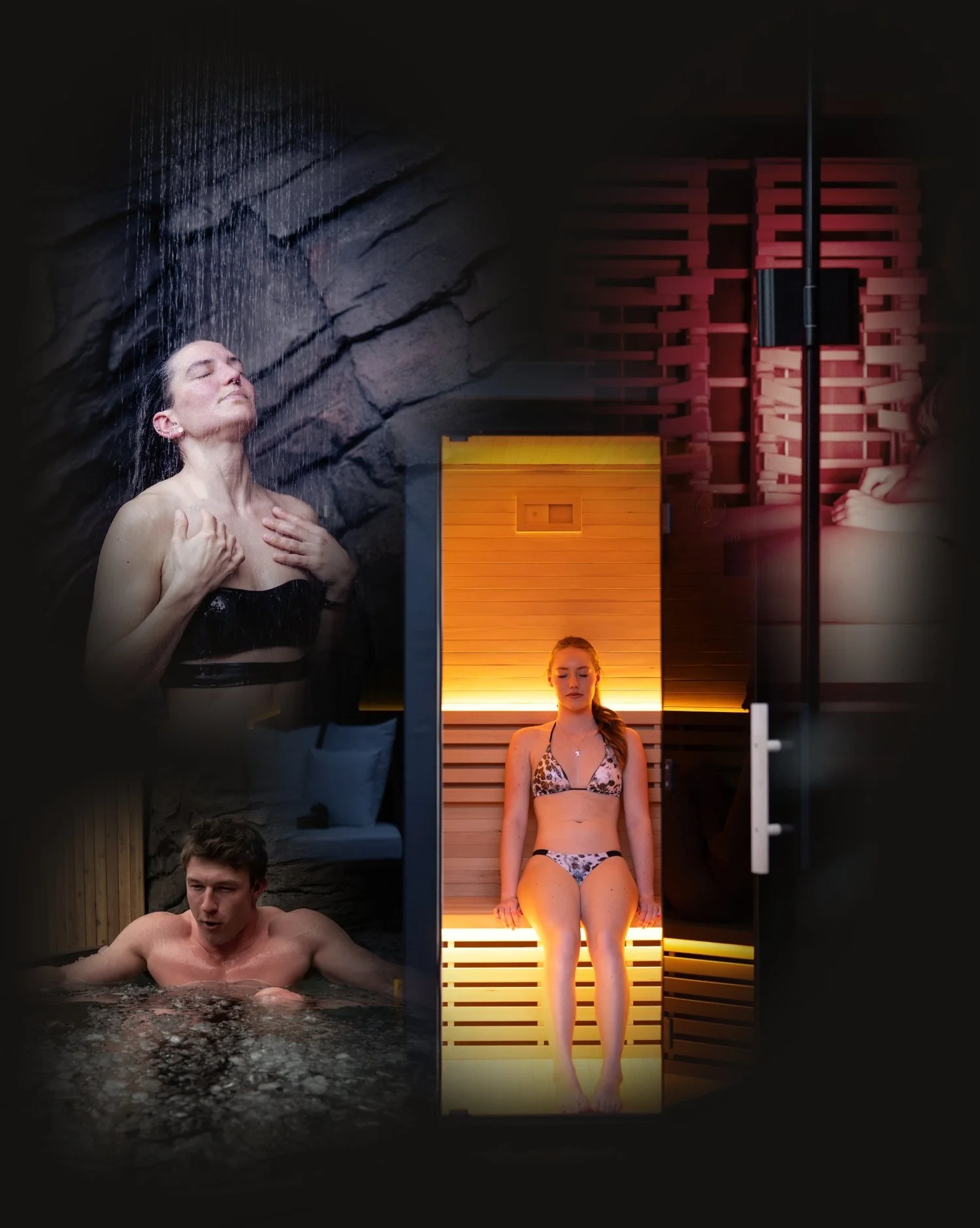 Guests relaxing in the sauna, rain shower, infrared sauna and ice bath at Pure Senses