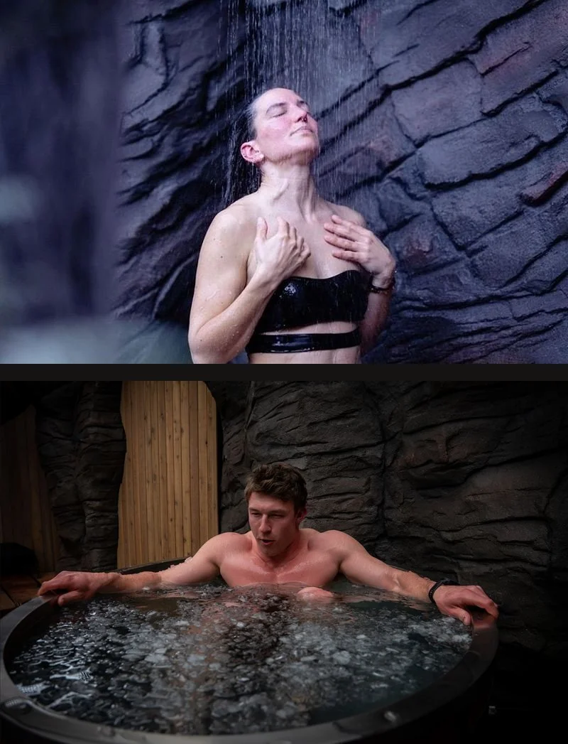 Guest under the outdoor cold shower and a guest in the ice bath cold plunge at Pure Senses, Cromwell