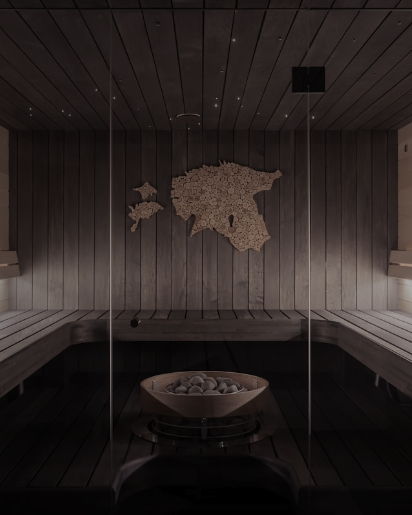 A wooden room with a map of a country on the wall, sauna benches, and a heated stone arrangement.