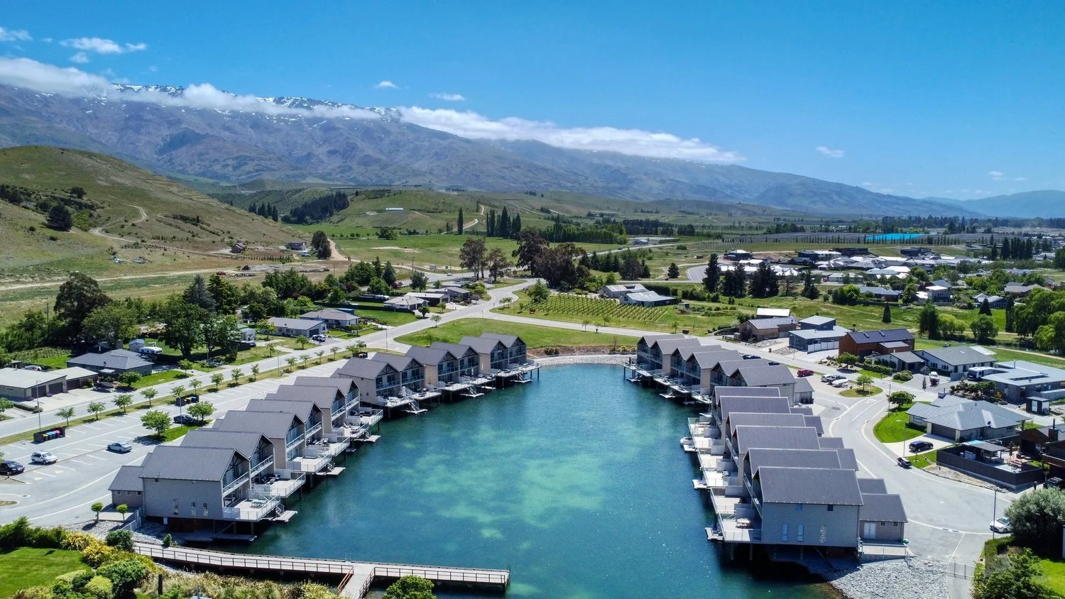 Aerial view of Lake Resort by Marsden's lakeside villas on Lake Dunstan, Pisa Moorings, next door to Pure Senses