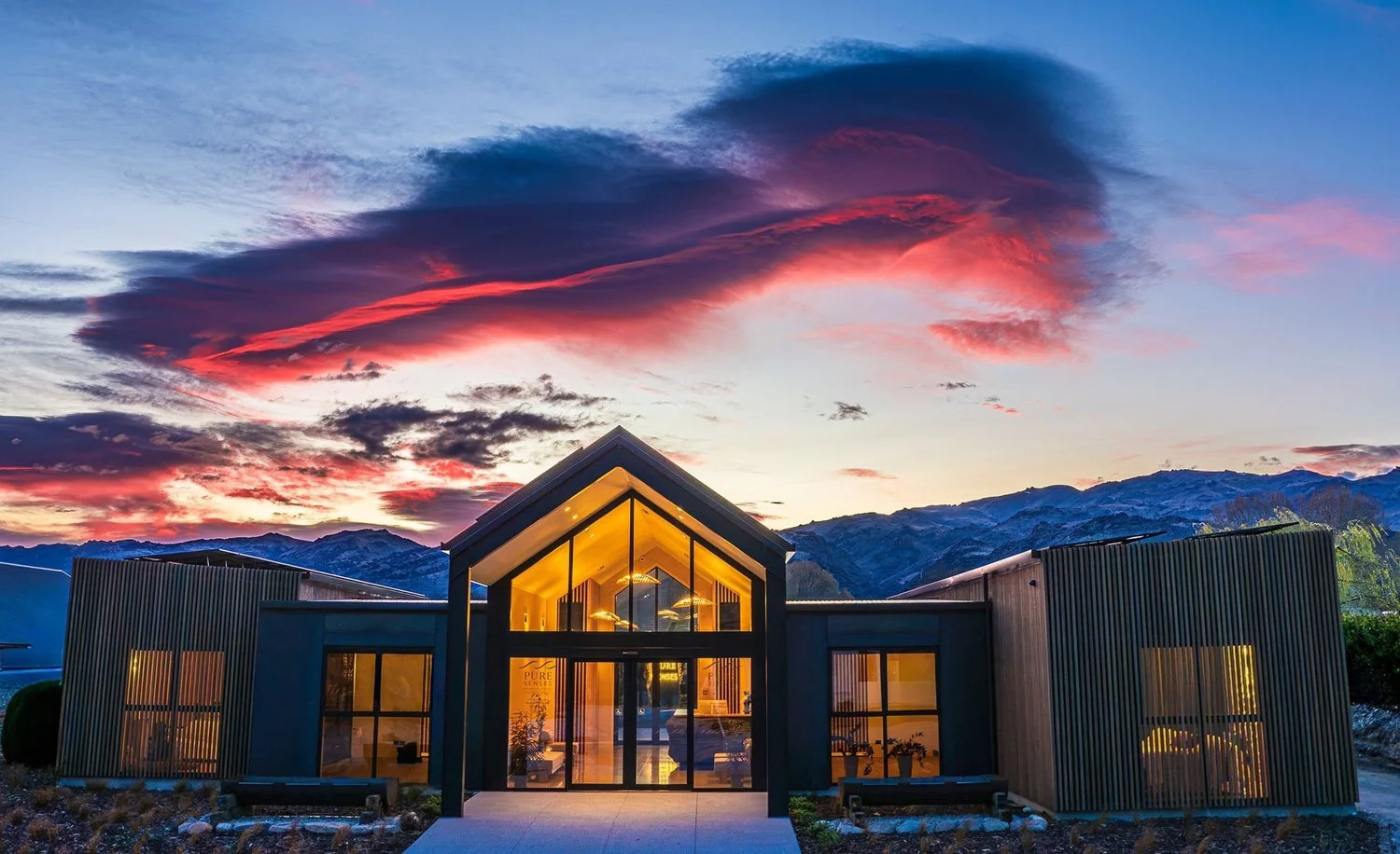 Pure Senses sauna and recovery venue at dusk, Mount Pisa, Cromwell