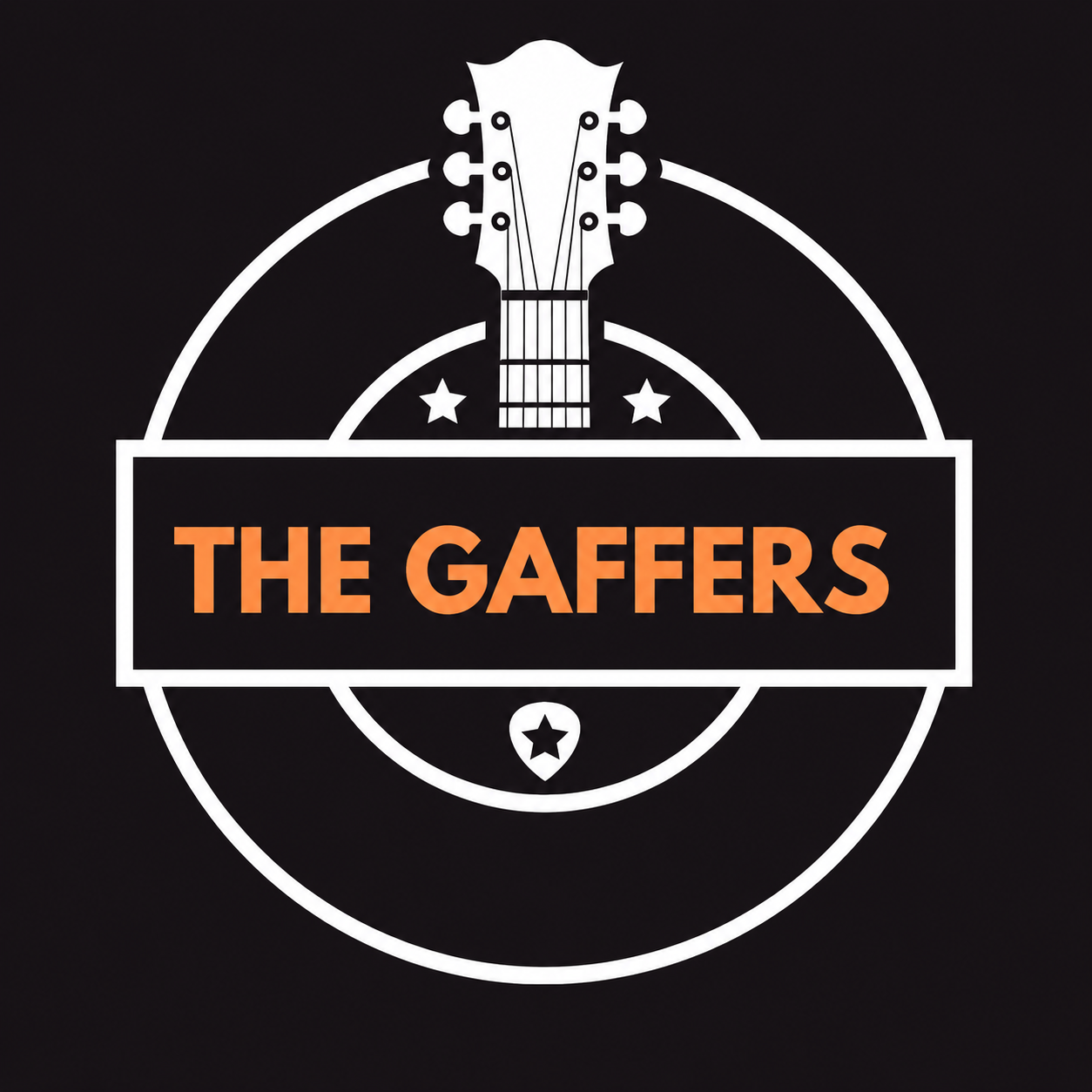 A logo with a guitar and a circular badge, featuring the text "The Gaffers" in orange on a black background.
