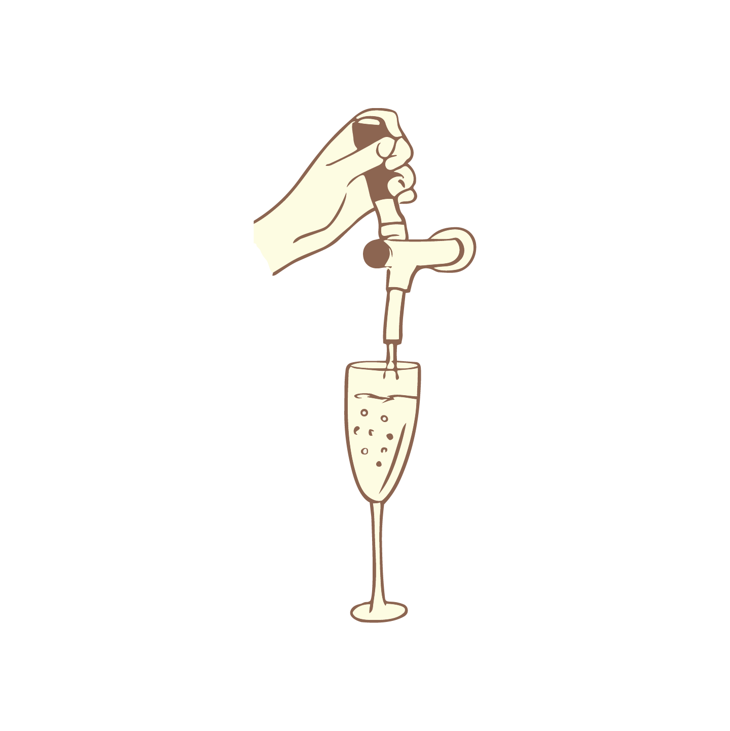 An illustration of a hand pressing pulling a keg lever to fill a champagne cup, with the champagne flowing into a glass.
