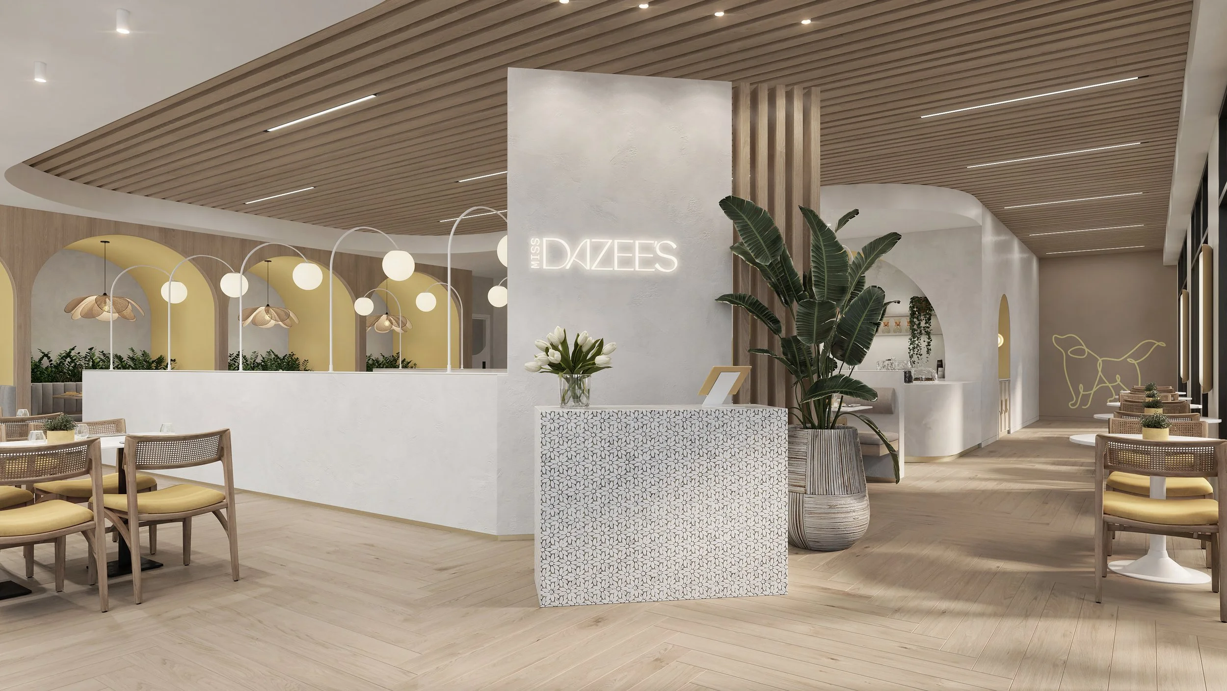 Modern cafe interior with wooden ceiling, white walls, green plants, yellow chairs, and decorative lighting.