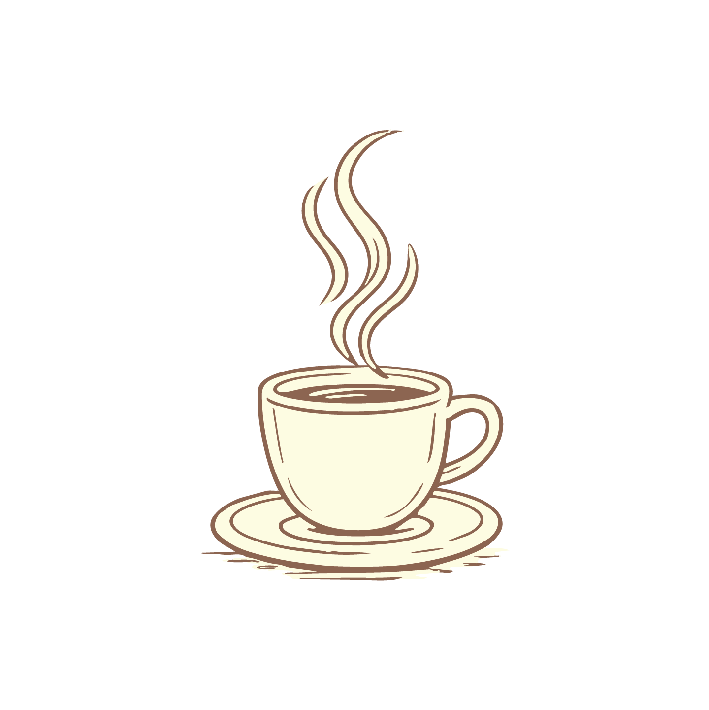 Black outline illustration of a steaming cup of coffee with a saucer.