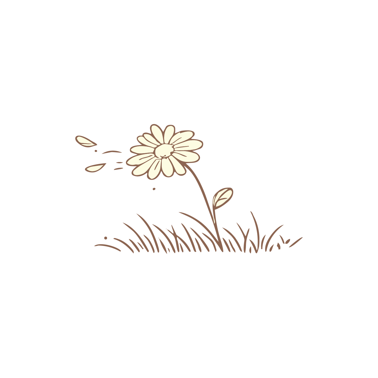 A simple line drawing of a daisy flower with grass at the base, on a black background.