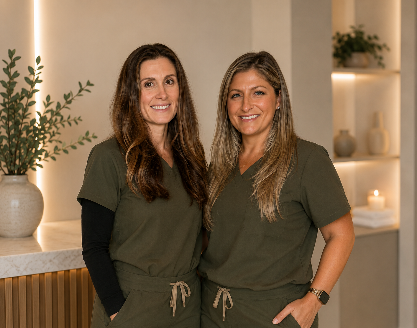 Two women in matching olive-green scrubs standing together indoors, smiling at the camera.