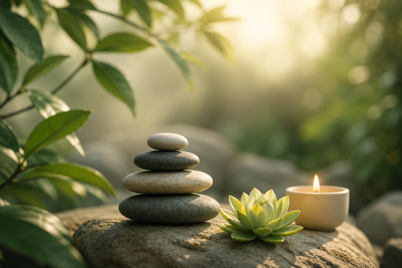 Stacked smooth stones, a lit candle, and a green succulent plant on a rock, with greenery and soft sunlight in the background.