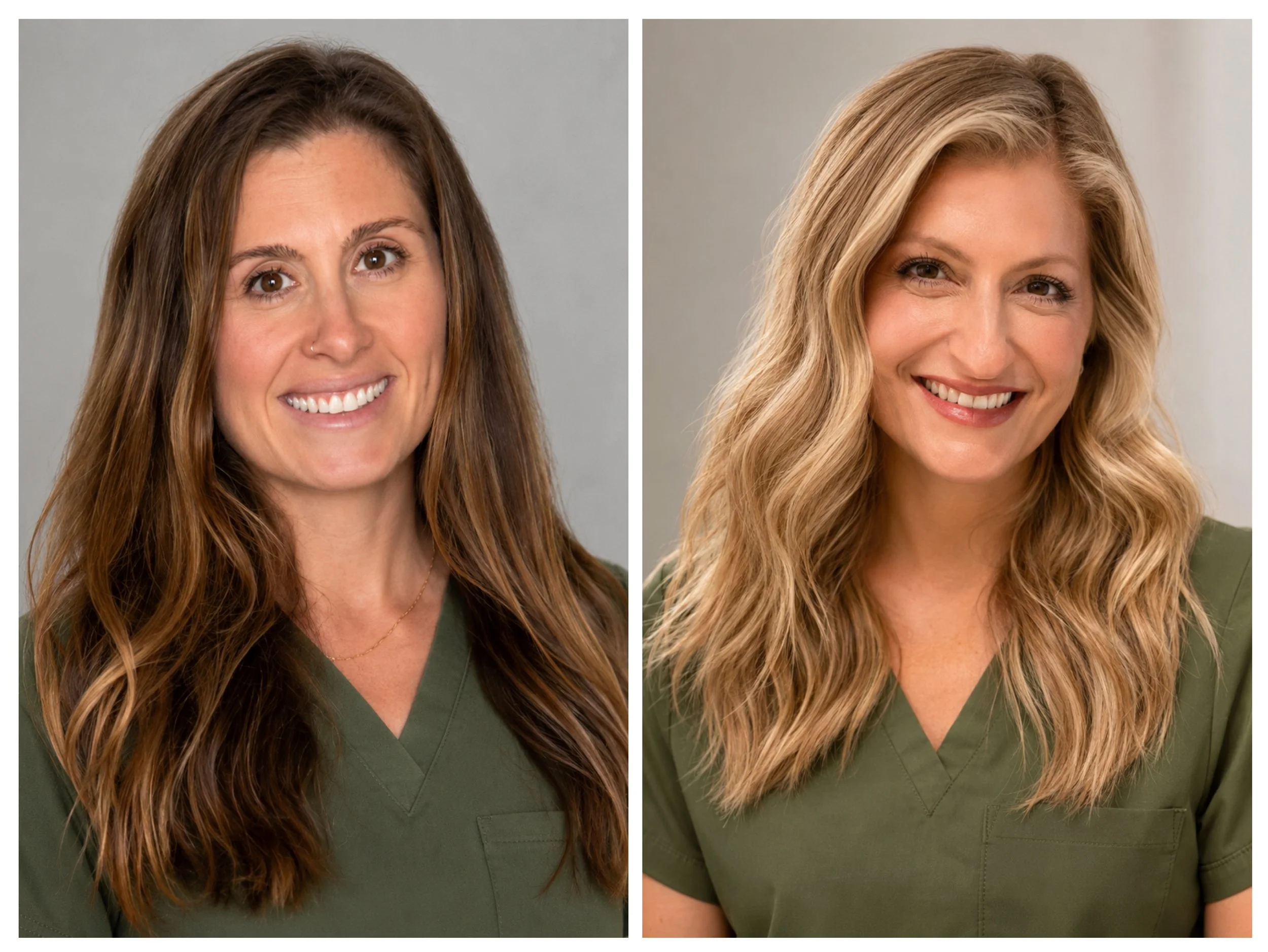 A side-by-side comparison of a woman's appearance, showing her with long, brown hair on the left and blonde hair on the right. She is wearing a green top and smiling in both images.