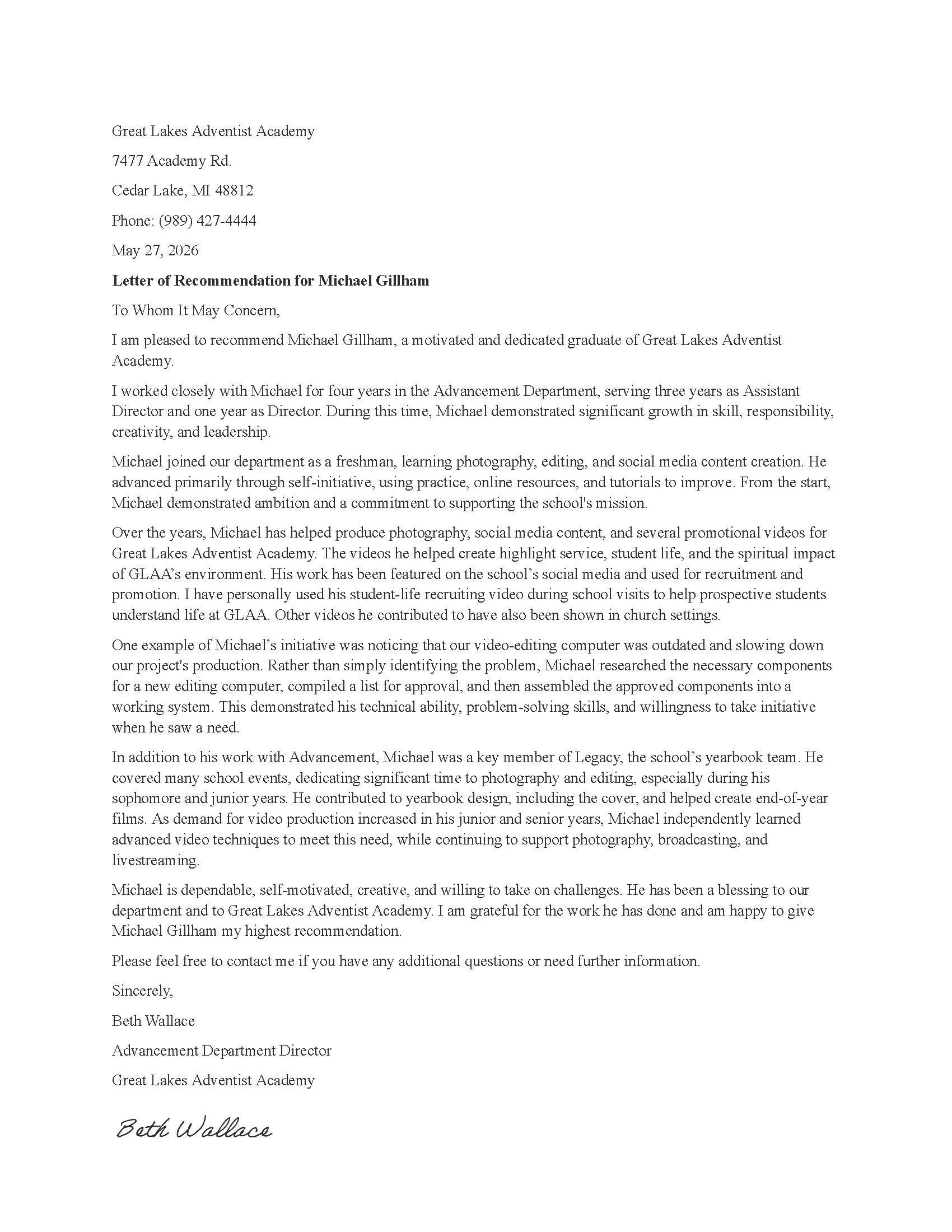 Letter of Recommendation