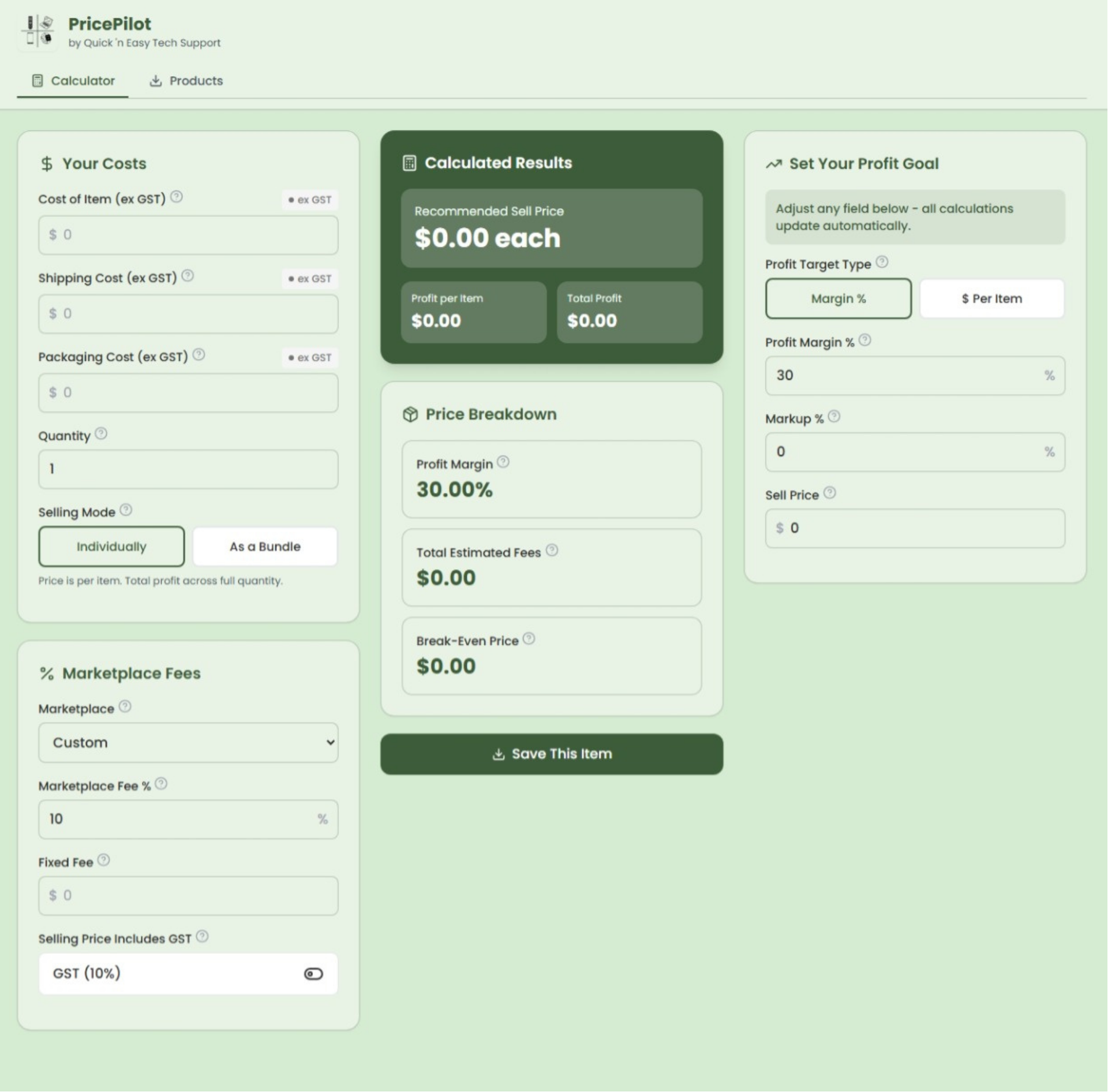 screenshot showing PricePilot webapp